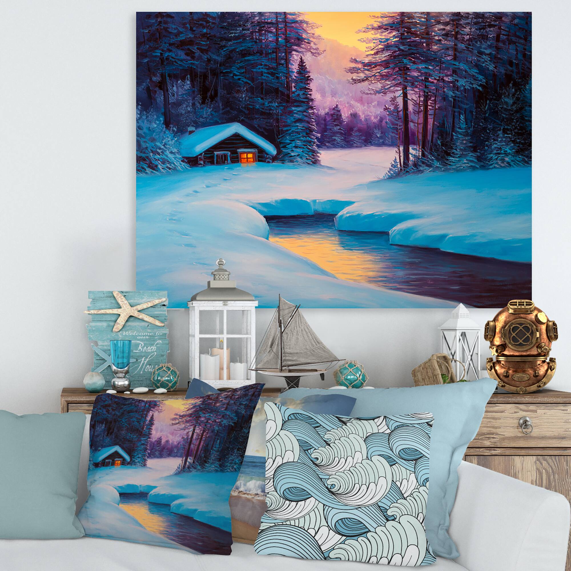 Designart - Old Cabin In Winter Forest II - Traditional Canvas Wall Art Print