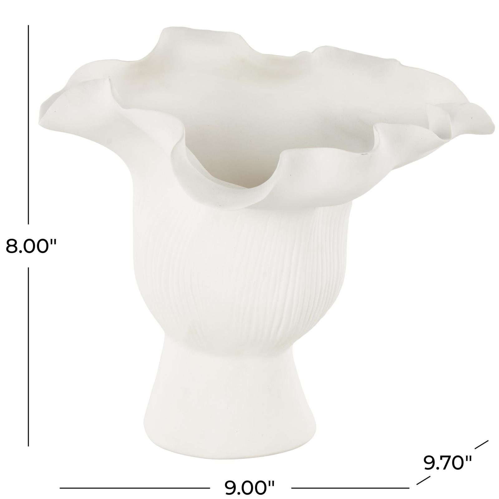 9.75" White Ceramic Abstract Floral Vase with Linear Grooves