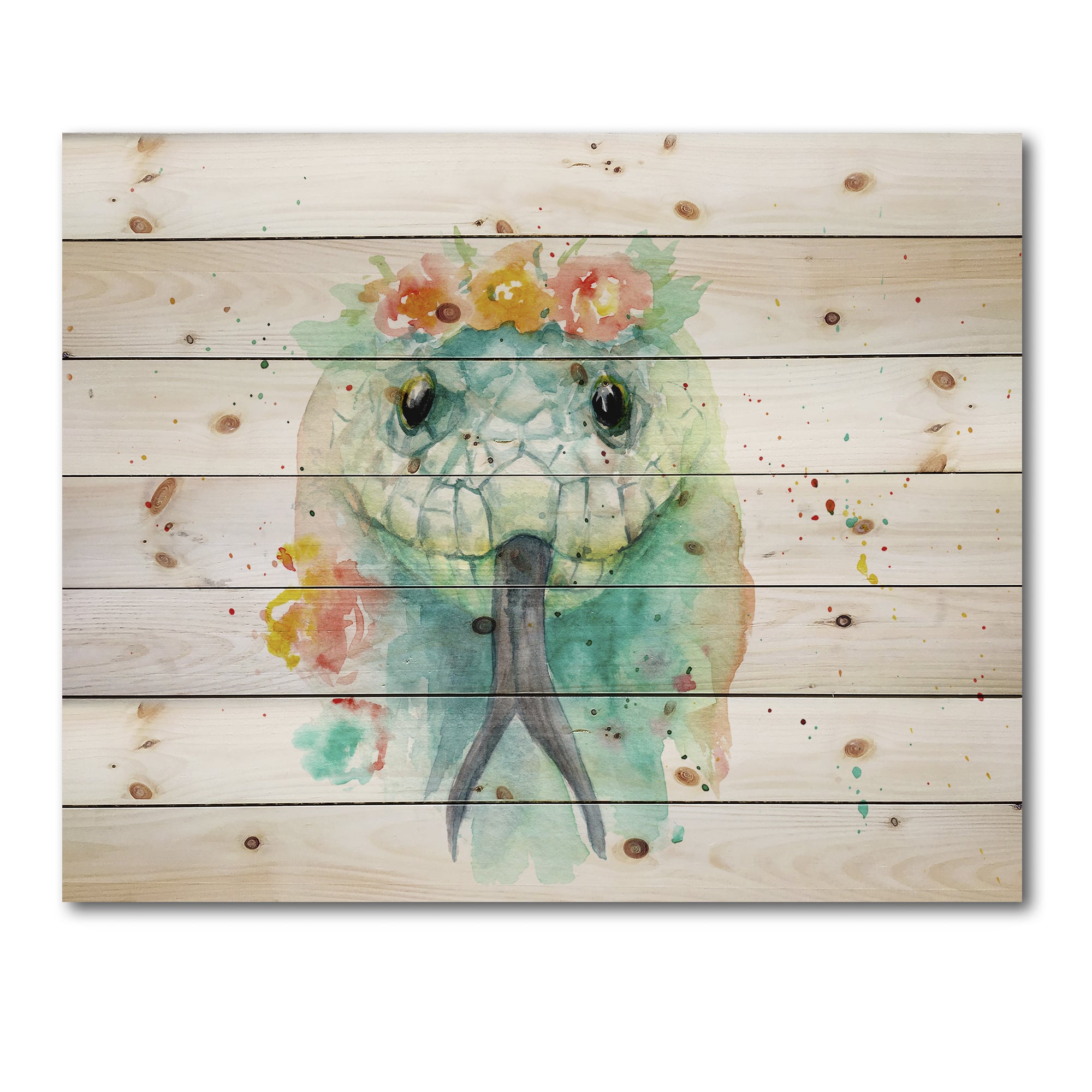 Designart - Portrait A Snake In Flowers - Farmhouse Print on Natural Pine Wood