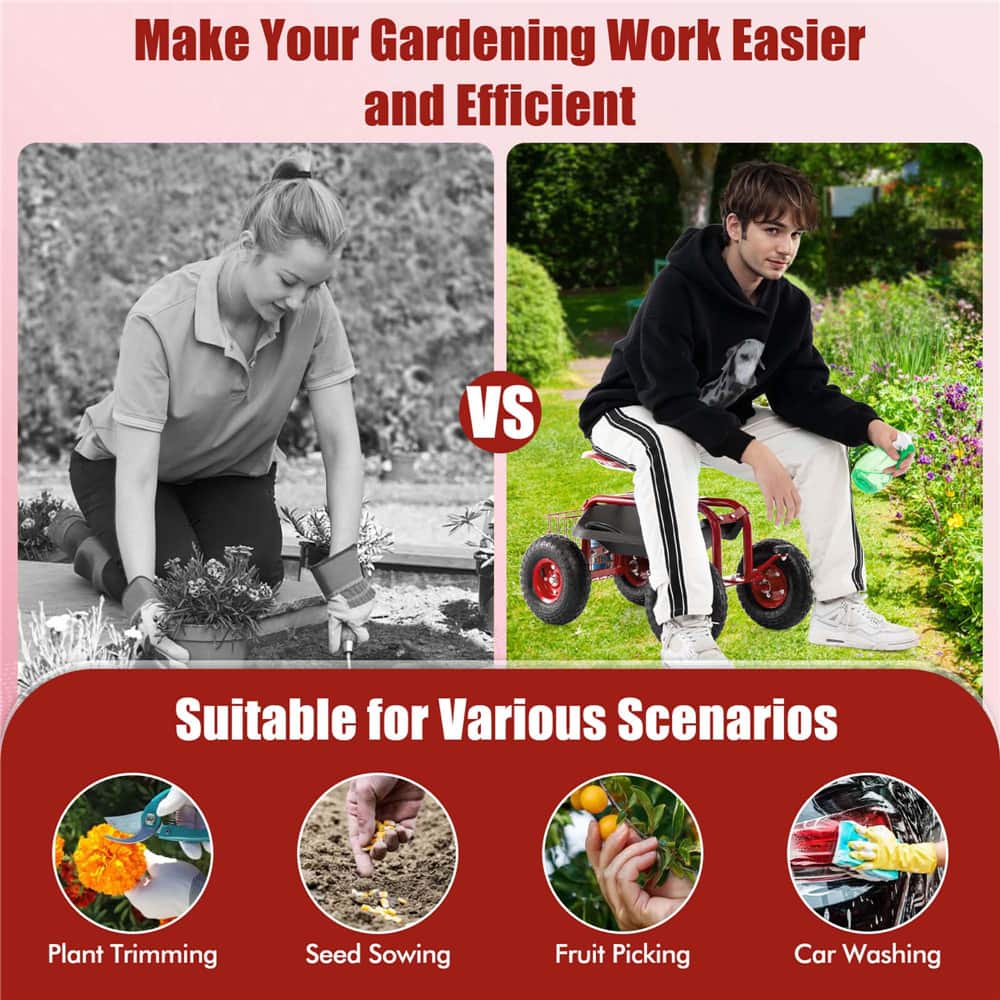 Costway Garden Cart Patio Wagon Rolling Work Seat with Tool Tray Basket