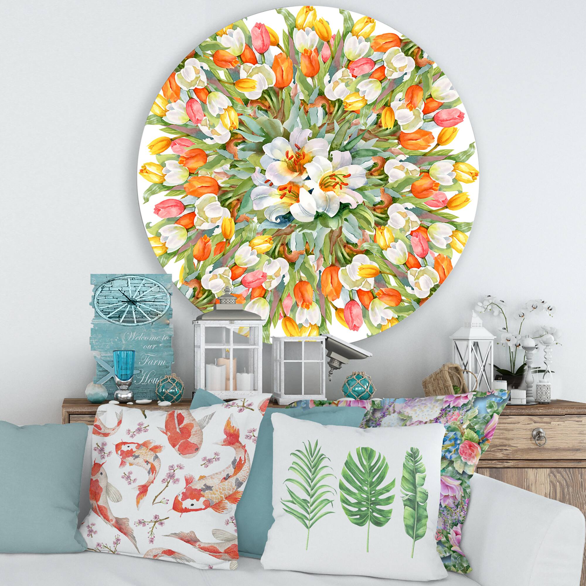 Designart - Blooming White and Orange Tulips II - Traditional Metal Circle Wall Art