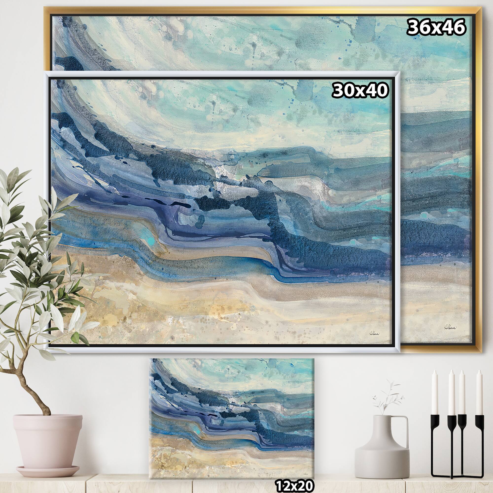 Designart - Coast Blue Sea Waves Watercolour - Modern Farmhouse Canvas in Gold Frame