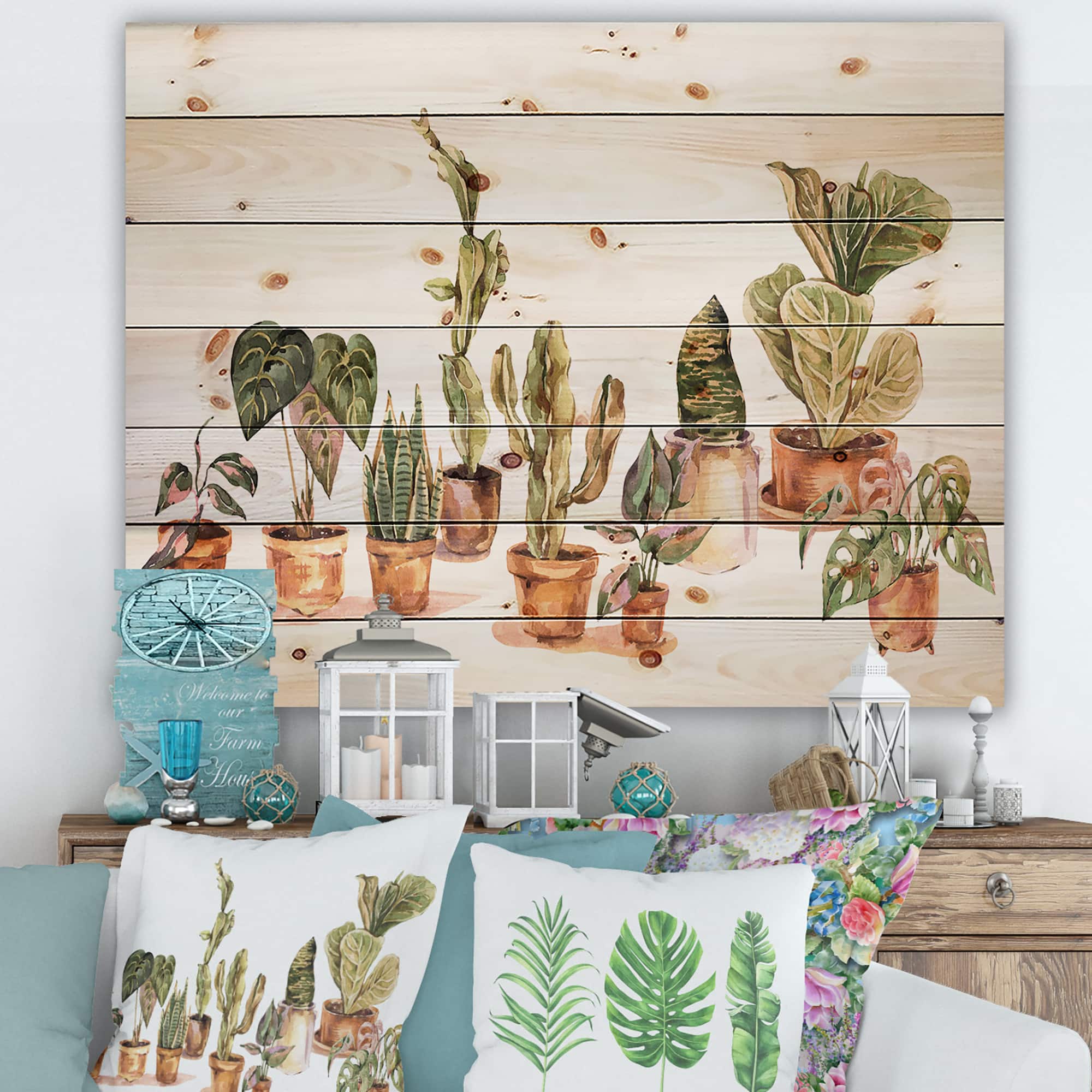 Designart - Indoor House Plants Urban Jungle I - Traditional Print on Natural Pine Wood