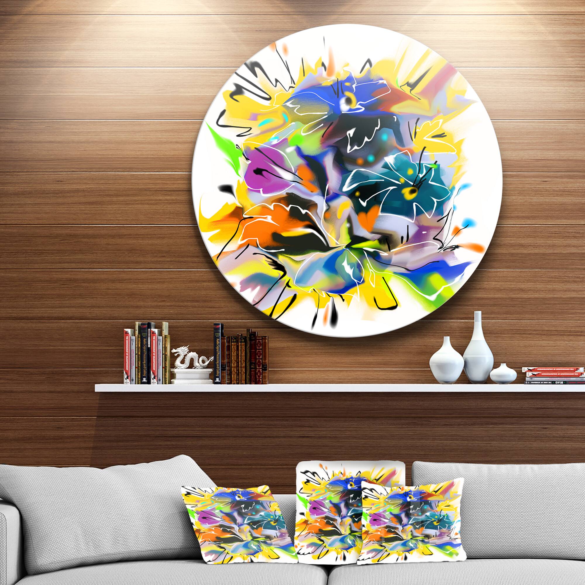 Designart - Yellow Blue Abstract Floral Design' Extra Large Floral Wall Art
