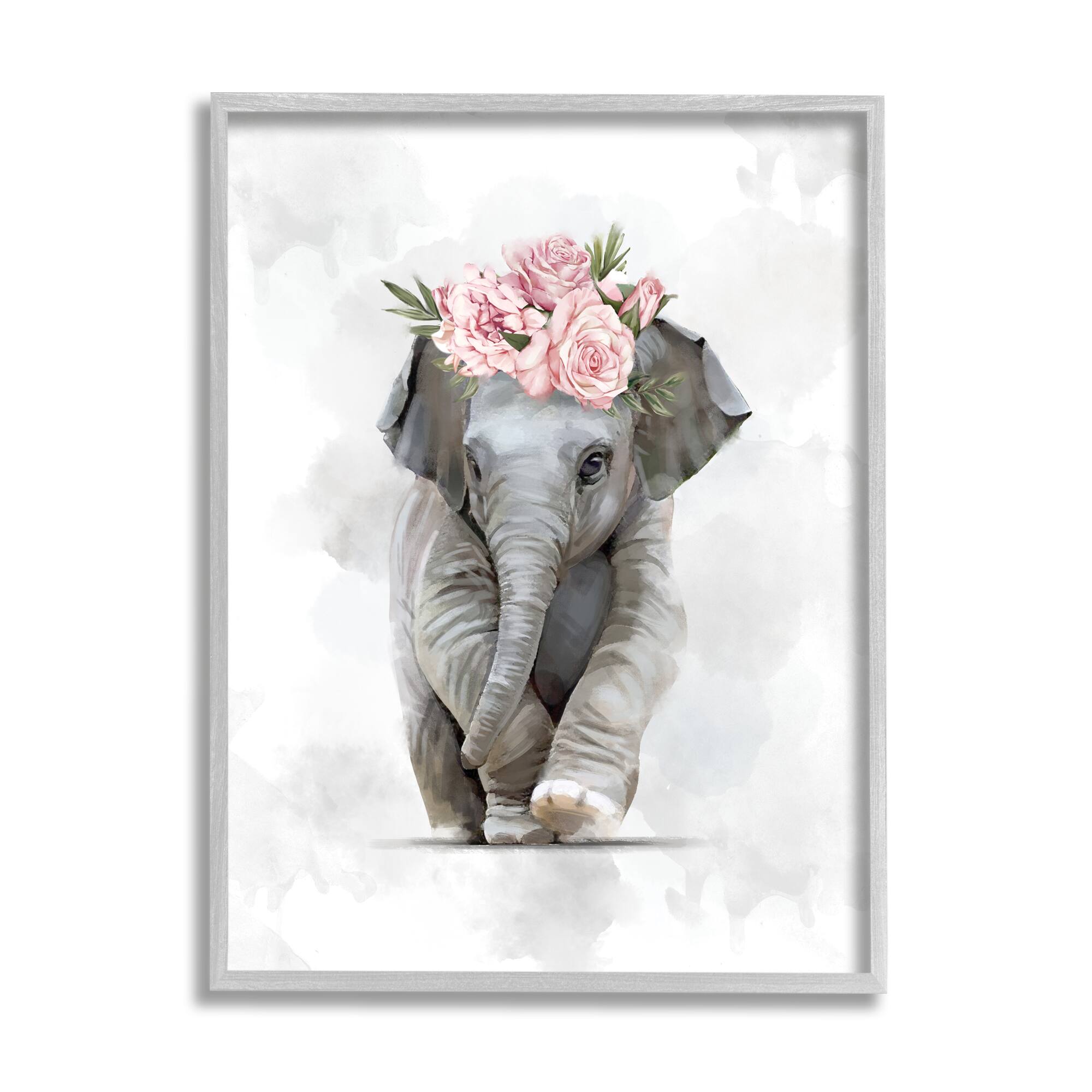 Stupell Industries Adorable Baby Elephant Eye-Catching Pink Flower Crown in Frame Wall Art