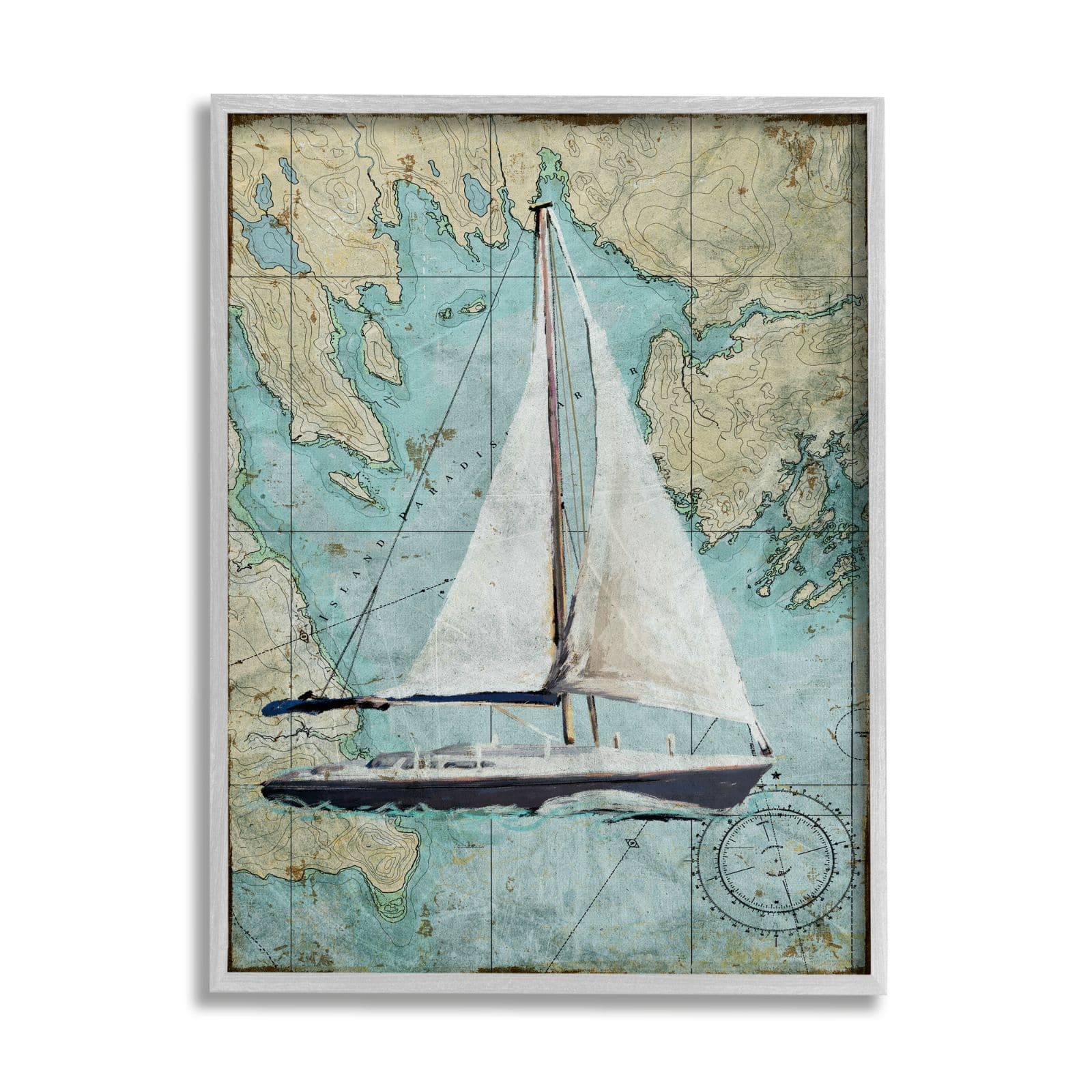 Stupell Industries Vintage World Map Sail Boat Ocean Coast Painting Framed Wall Art