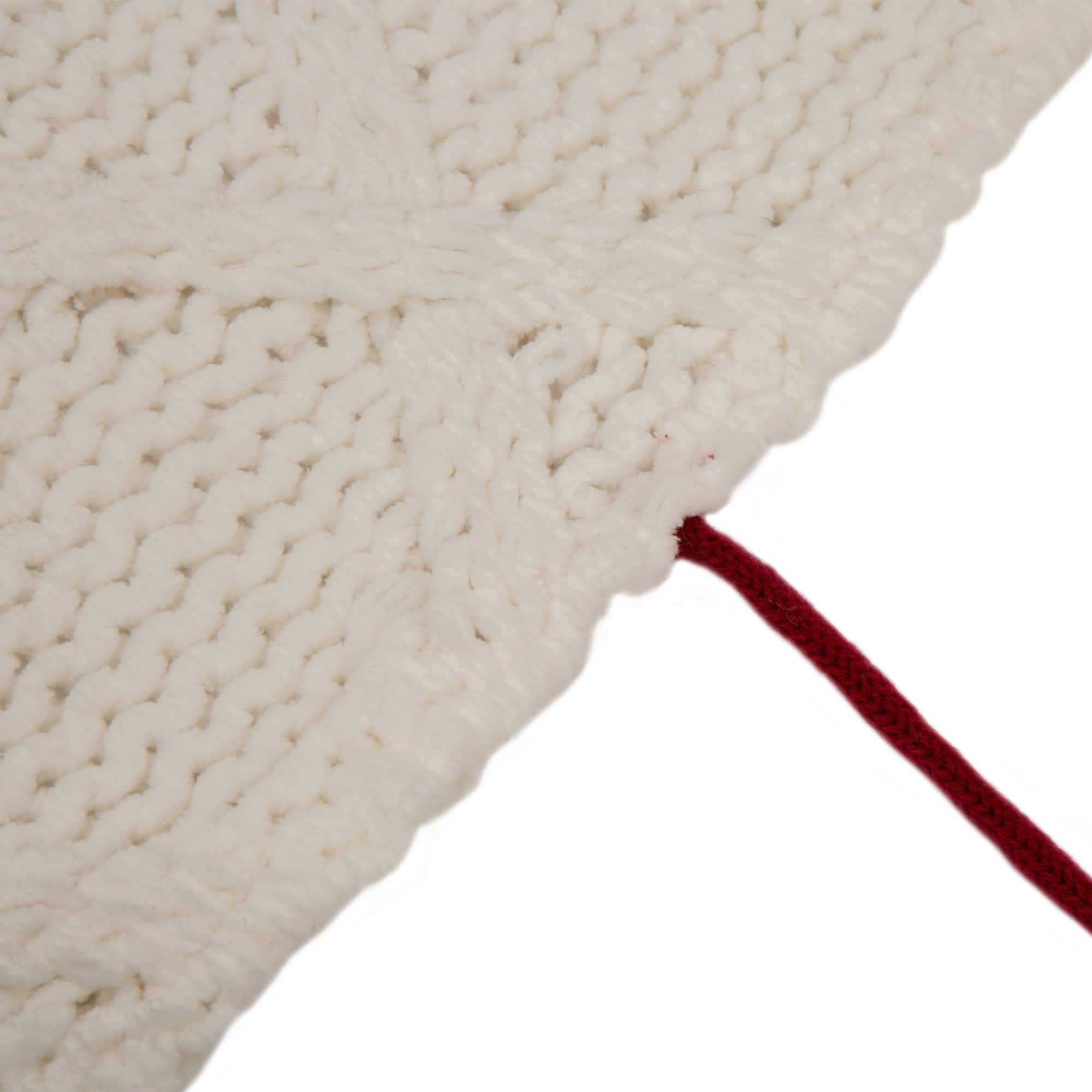 Glitzhome® 52" Knitted White Christmas Tree Skirt with Red Trim & Pom Pom