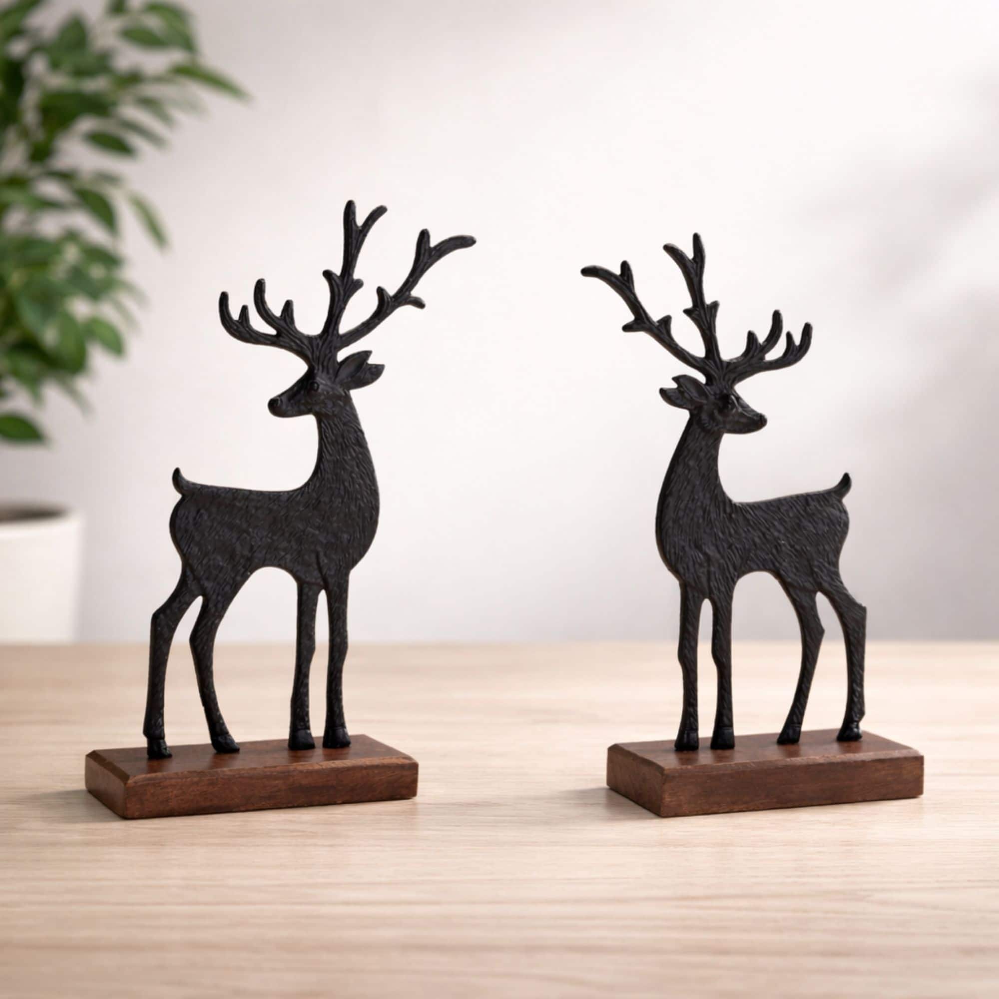 Melrose Black Metal Deer Figurines on Wood Base Set