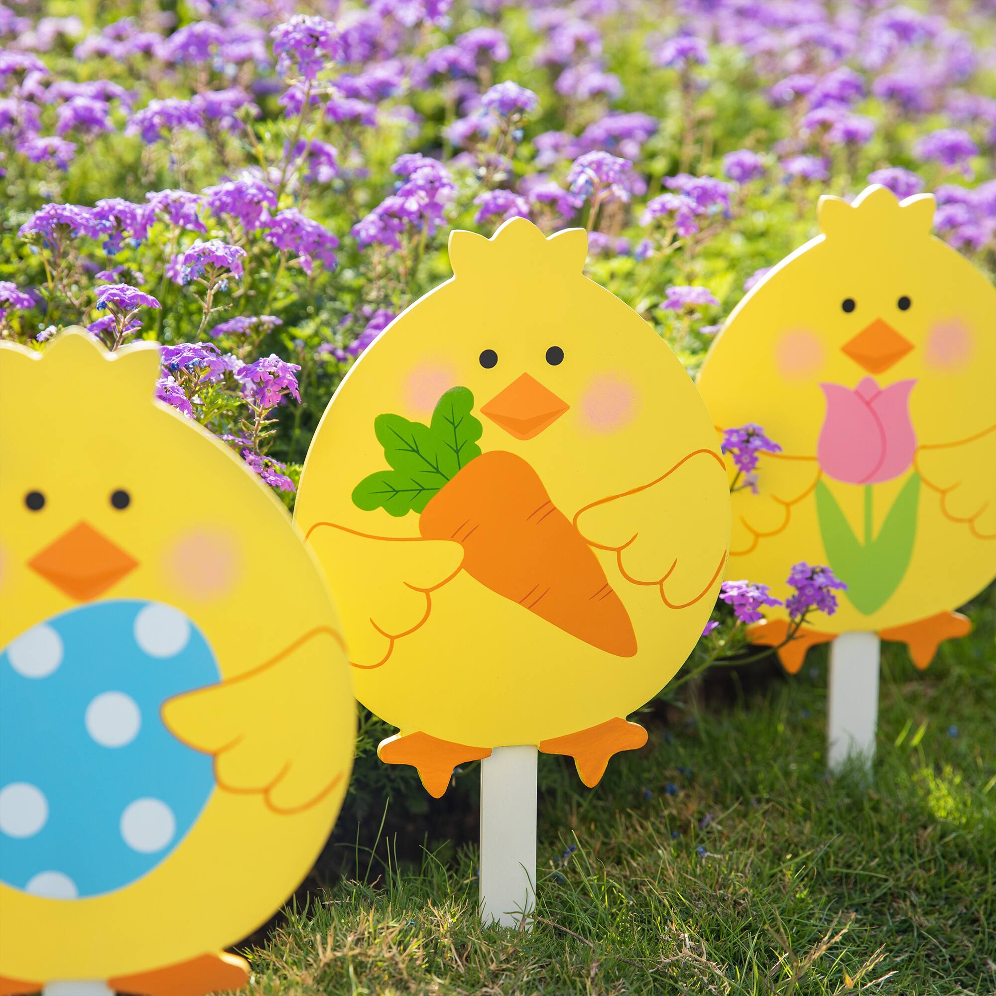 Glitzhome® 15" Set of 3 Easter Wooden Chick Pick or Yard Stake