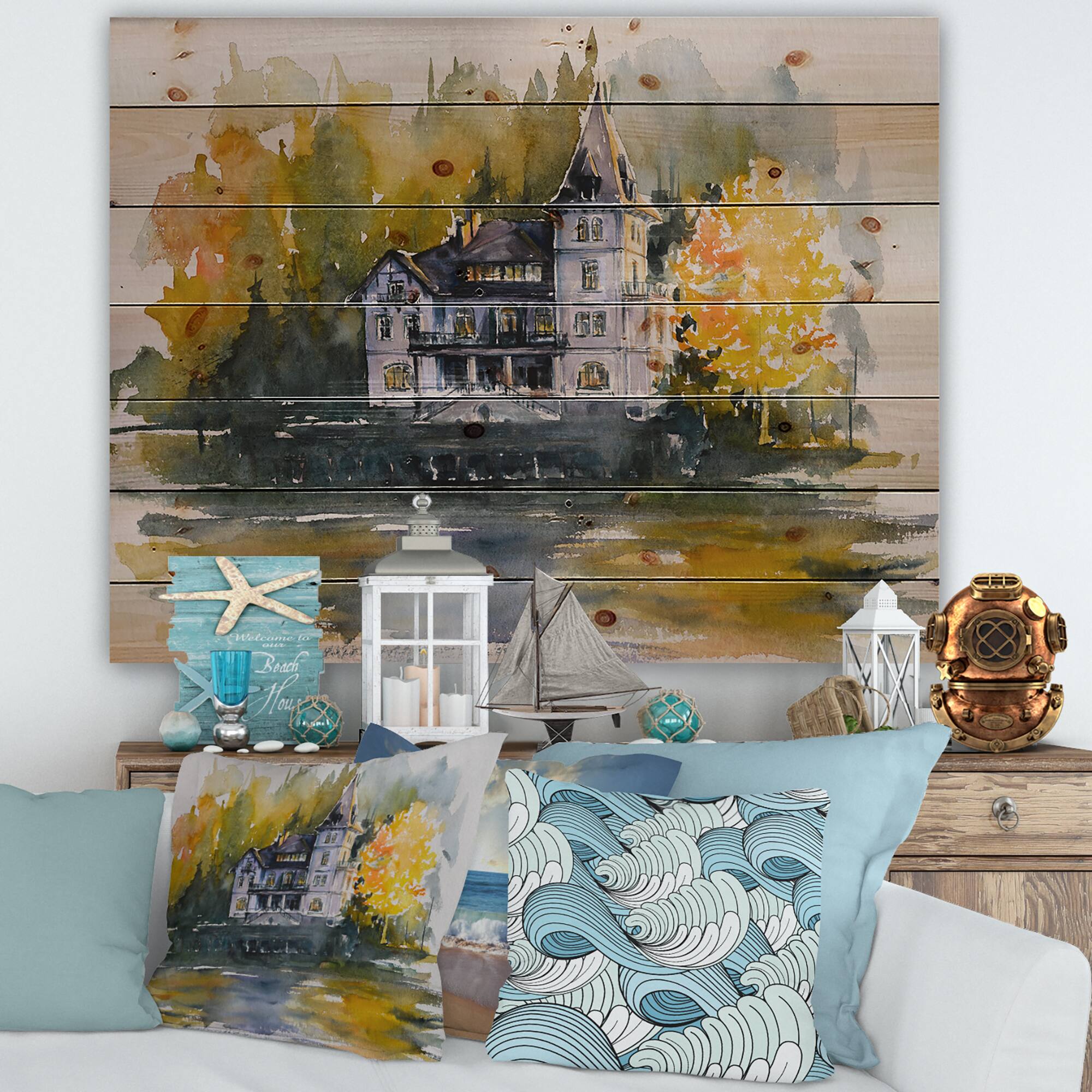 Designart - Castle By The Lake With Autumn Trees - Lake House Print on Natural Pine Wood
