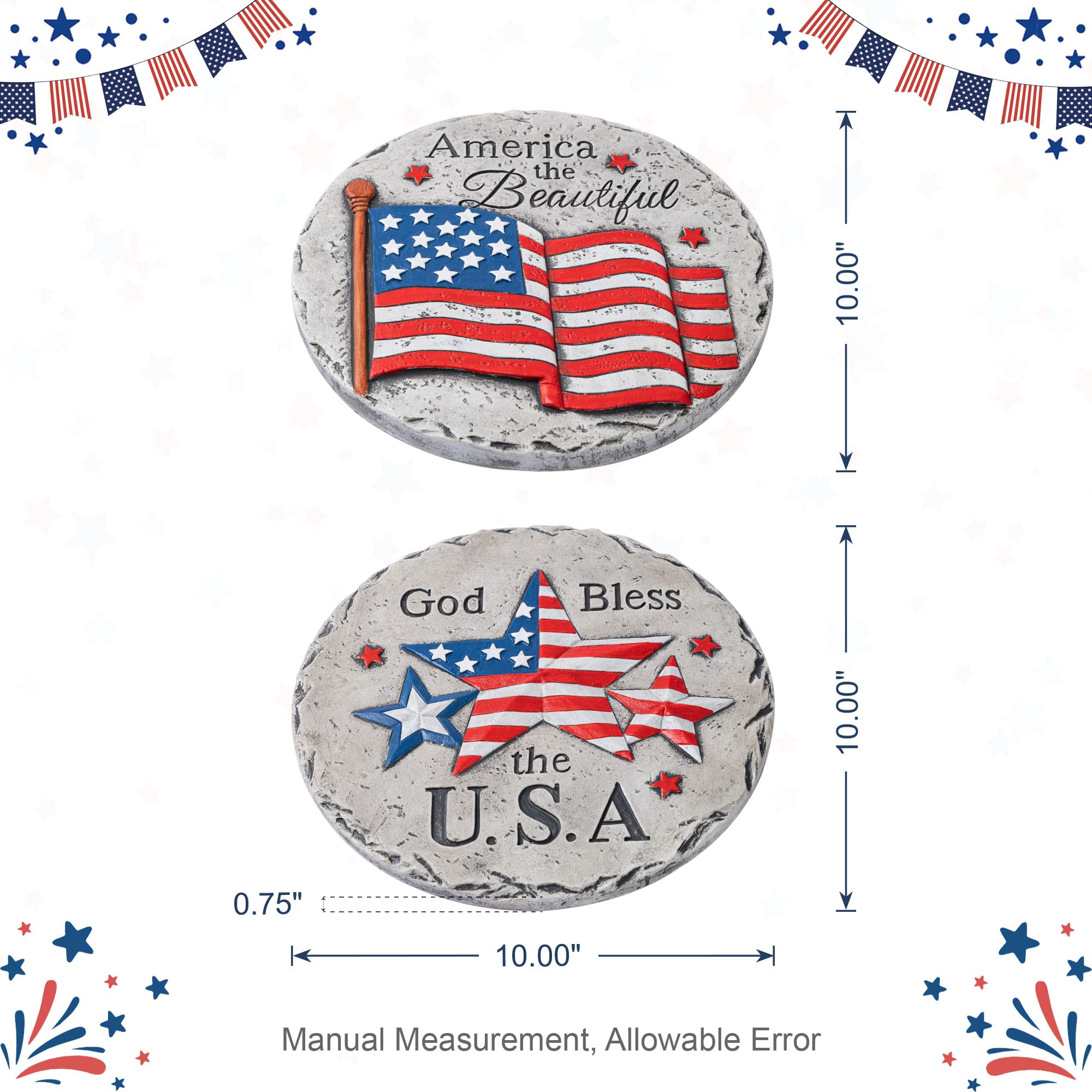 Glitzhome® 10" Set of 2 Patriotic Americana Cement Flag and Stars Stepping Stones