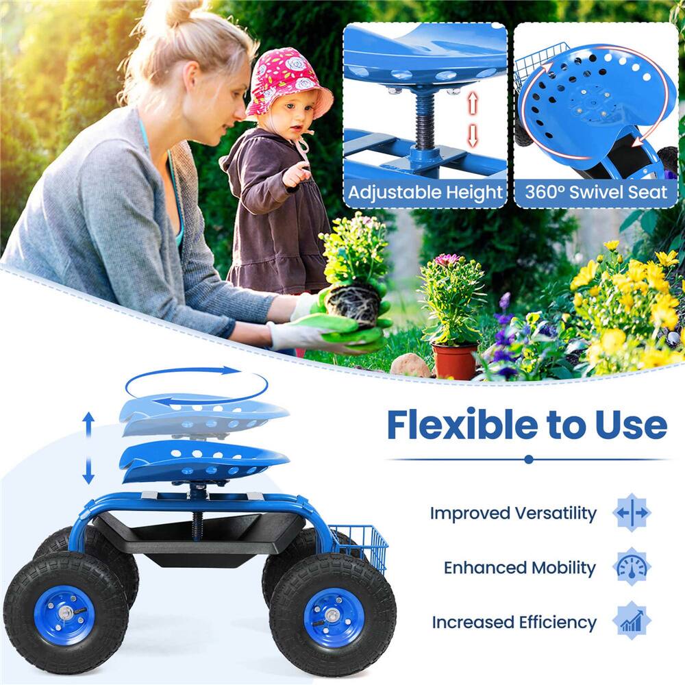 Costway Blue & Black Heavy Duty Garden Cart Rolling Work Seat Garden Planting with Tool Tray