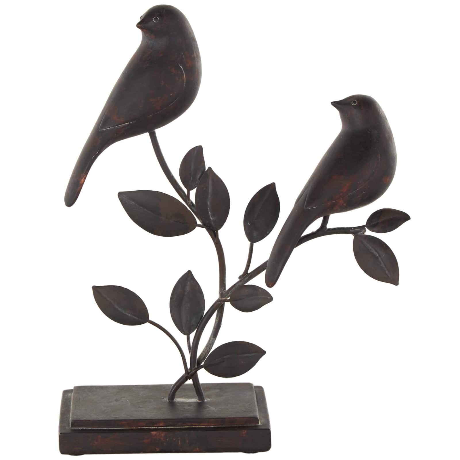 10" Black Polystone Bird Perching Decorative Sculpture with Leaf Vines and Copper Shading