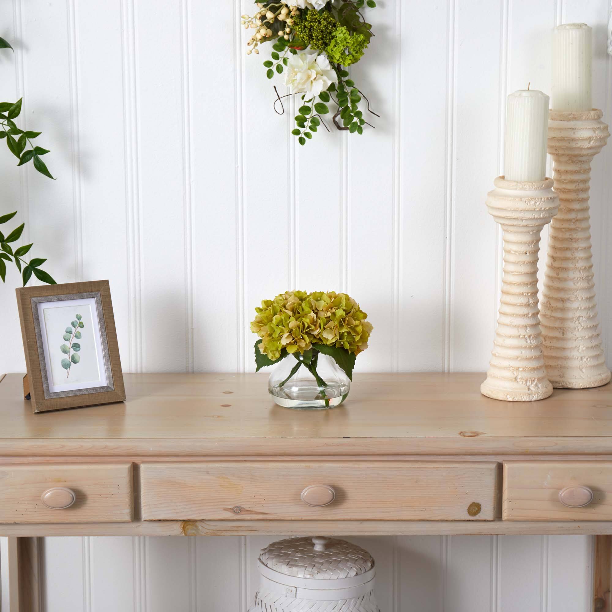 8.5" Yellow Blooming Hydrangea In Glass Vase