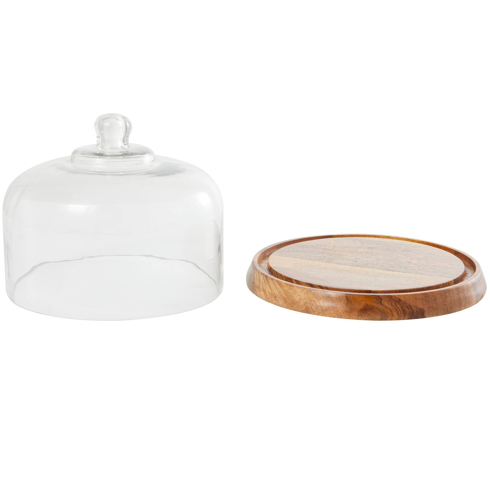 10" Brown Mango Wood Decorative Cake Stand with Glass Cloche