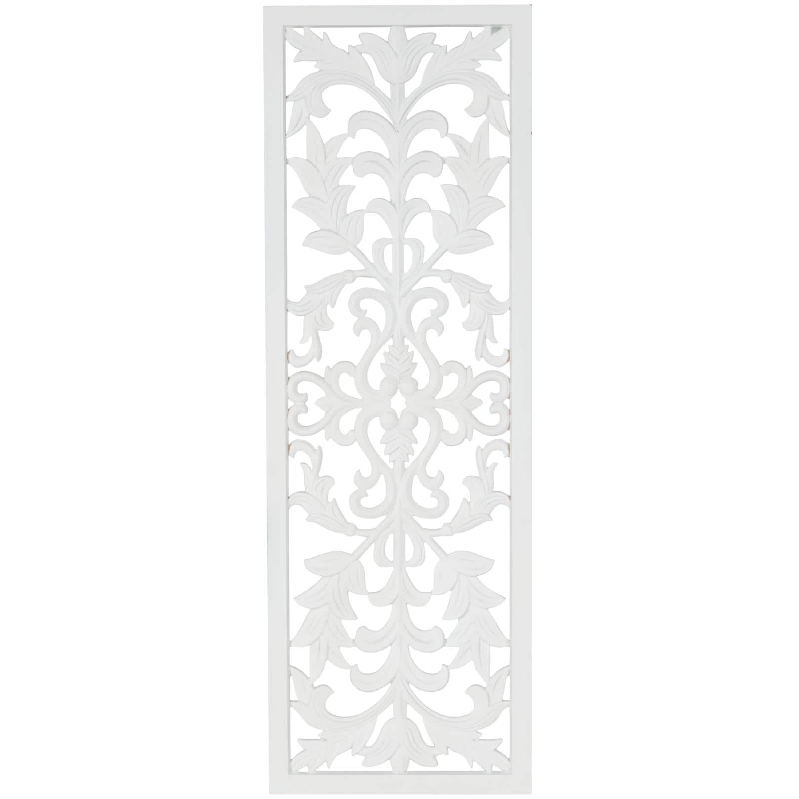 14" x 42" White Floral Carved Panel with Scroll Details Home Wall Décor