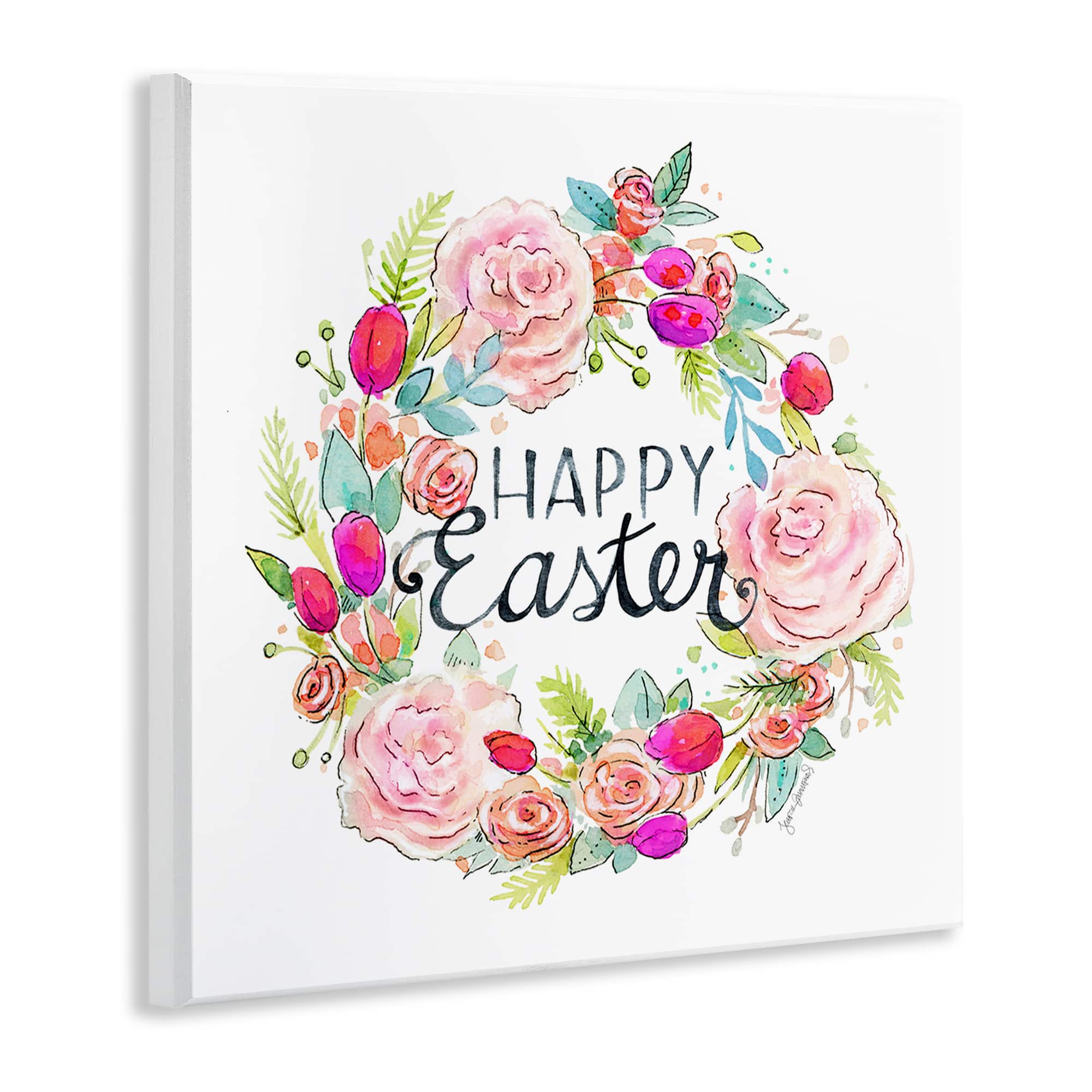 Stupell Industries Happy Easter Vivid Pink Floral Blossom Border Wall Plaque Art