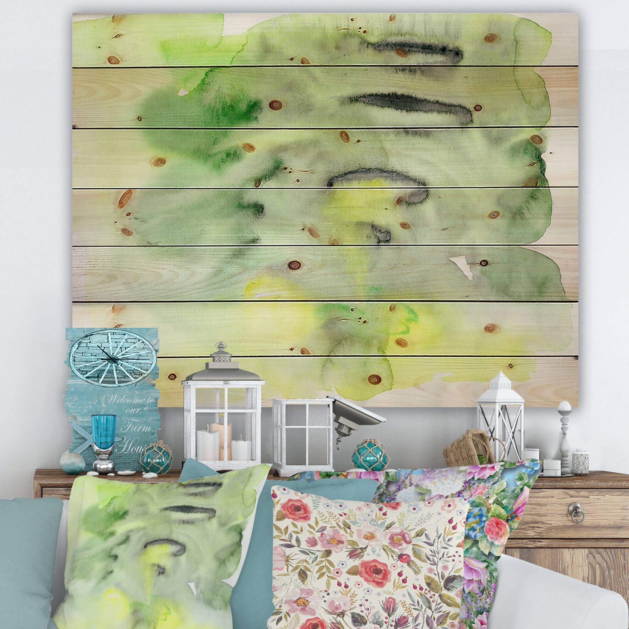 Designart - Abstract Pond of Green and Yellow - Modern Print on Natural Pine Wood