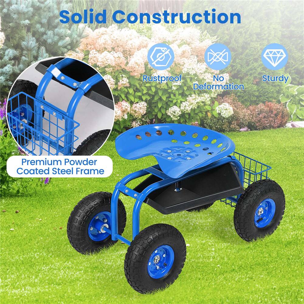 Costway Blue & Black Heavy Duty Garden Cart Rolling Work Seat Garden Planting with Tool Tray