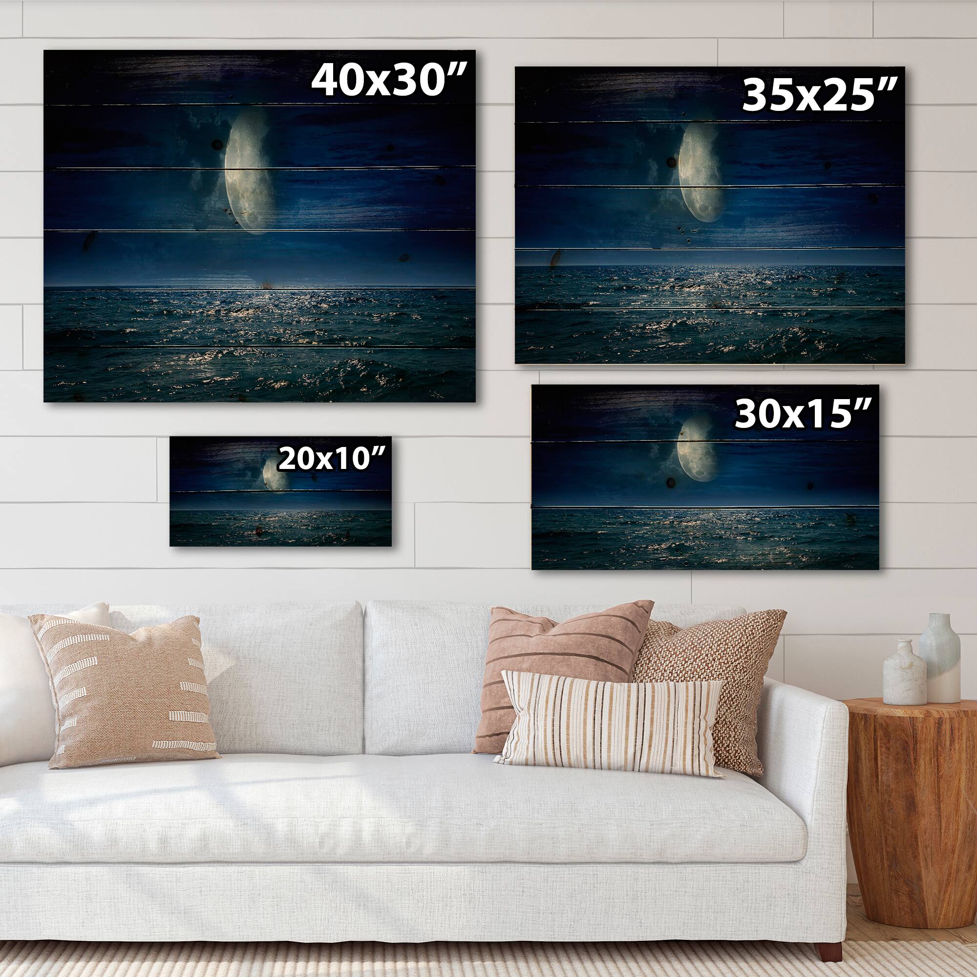 Designart - Full Moon Over Dark Ocean At Night - Nautical & Coastal Print on Natural Pine Wood