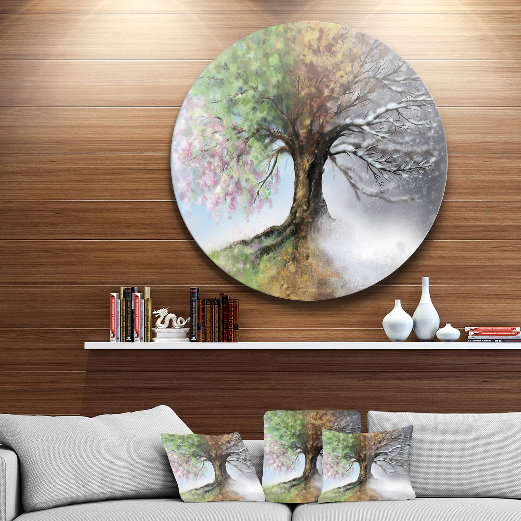 Designart - Tree with Four Seasons' Tree Painting Circle Metal Wall Art