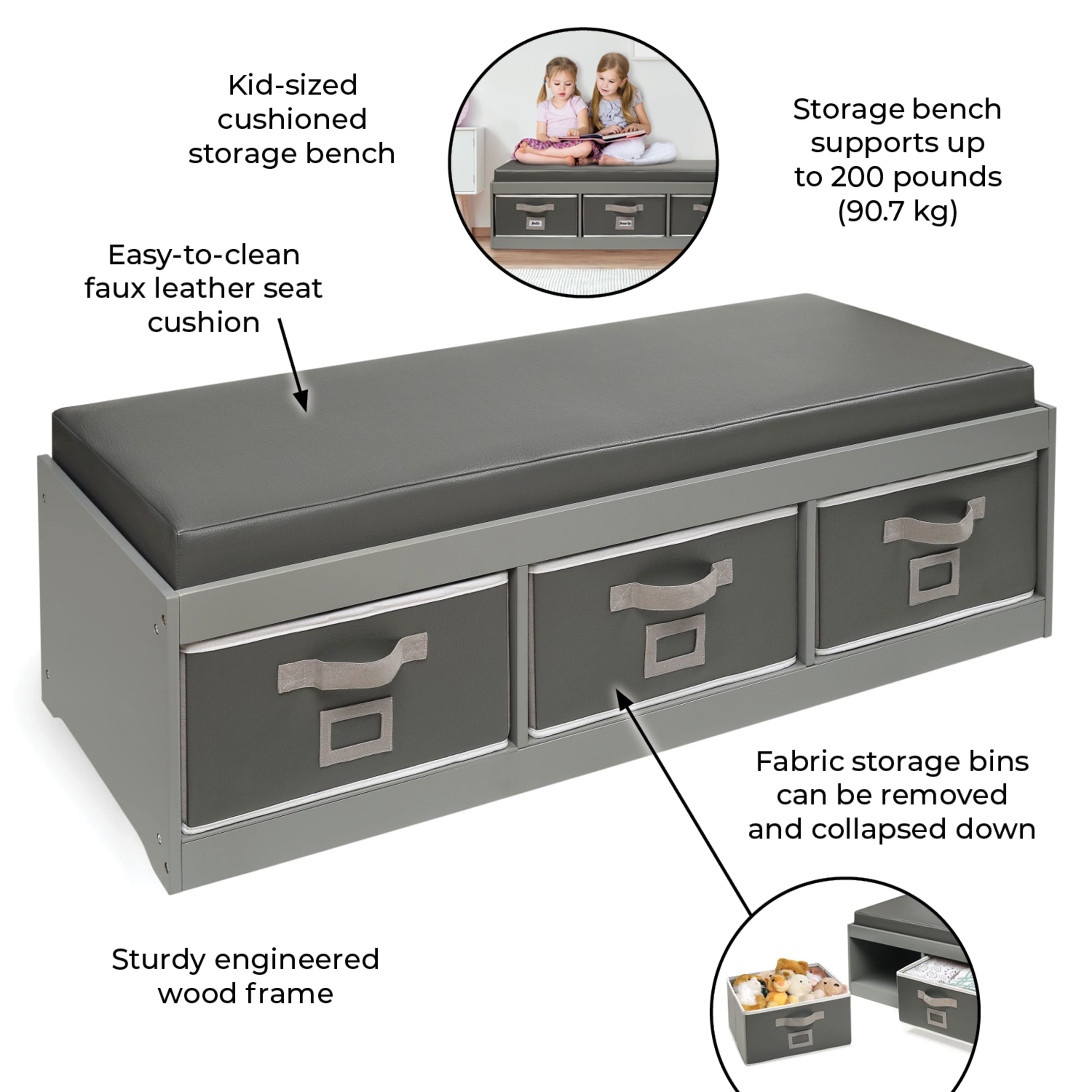 Badger Basket Kid's Cushioned Storage Bench With Three Bins