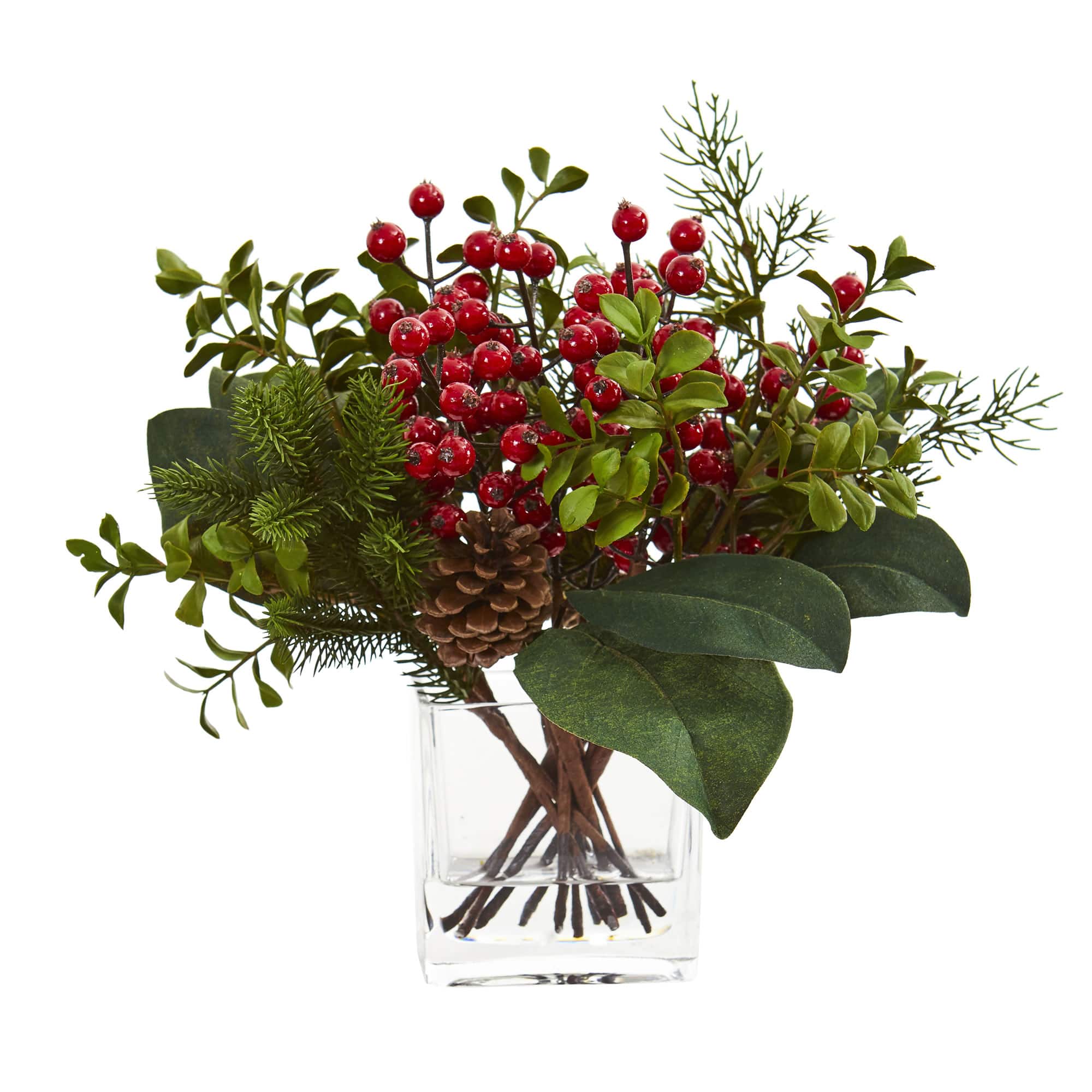 12" Berry, Pine & Boxwood Arrangement with Glass Vase