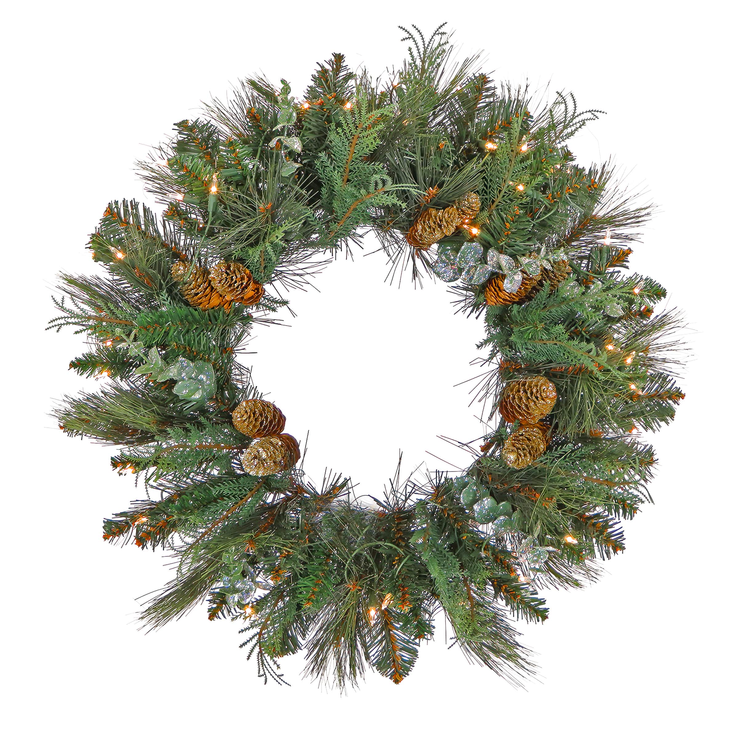 First Traditions™ 30'' Pre-Lit Artificial North Conway Wreath with Glittery Cones and Eucalyptus