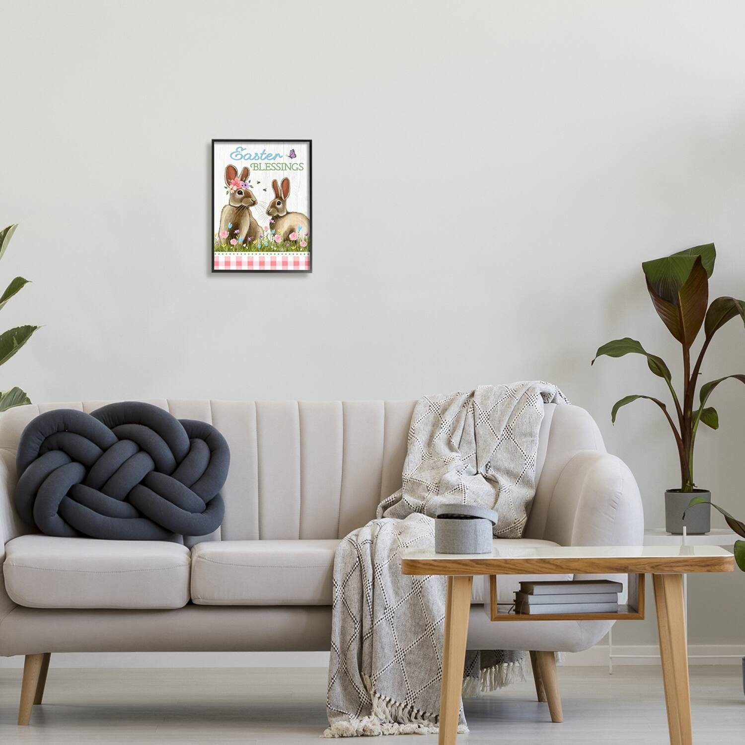 Stupell Industries Easter Blessings Gingham Spring Bunnies Framed Giclee Art