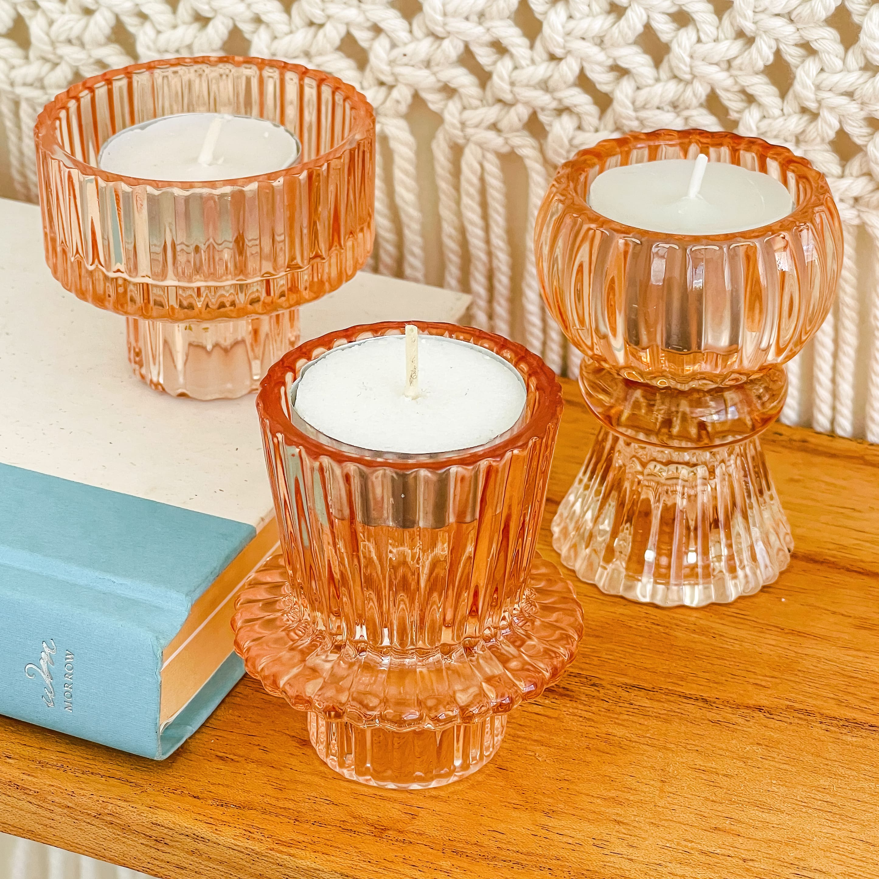 Kate Aspen® Assorted Vintage Ribbed Rose Gold Pink Glass Candlestick Candle Holder Set