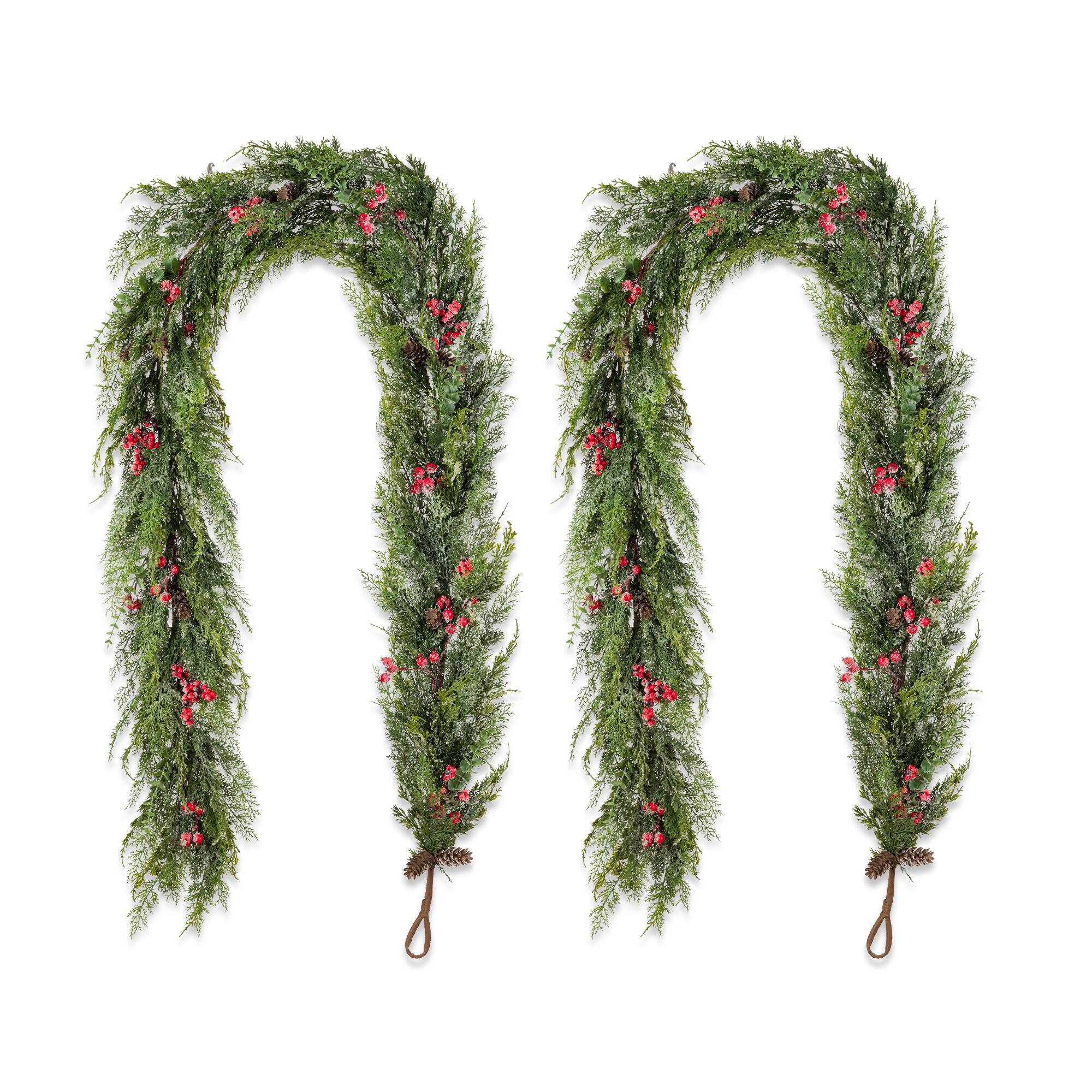 Glitzhome® 9ft. Christmas Greenery Frosted PE Dripping Garland with Pinecones & Red Berries, Set of 2