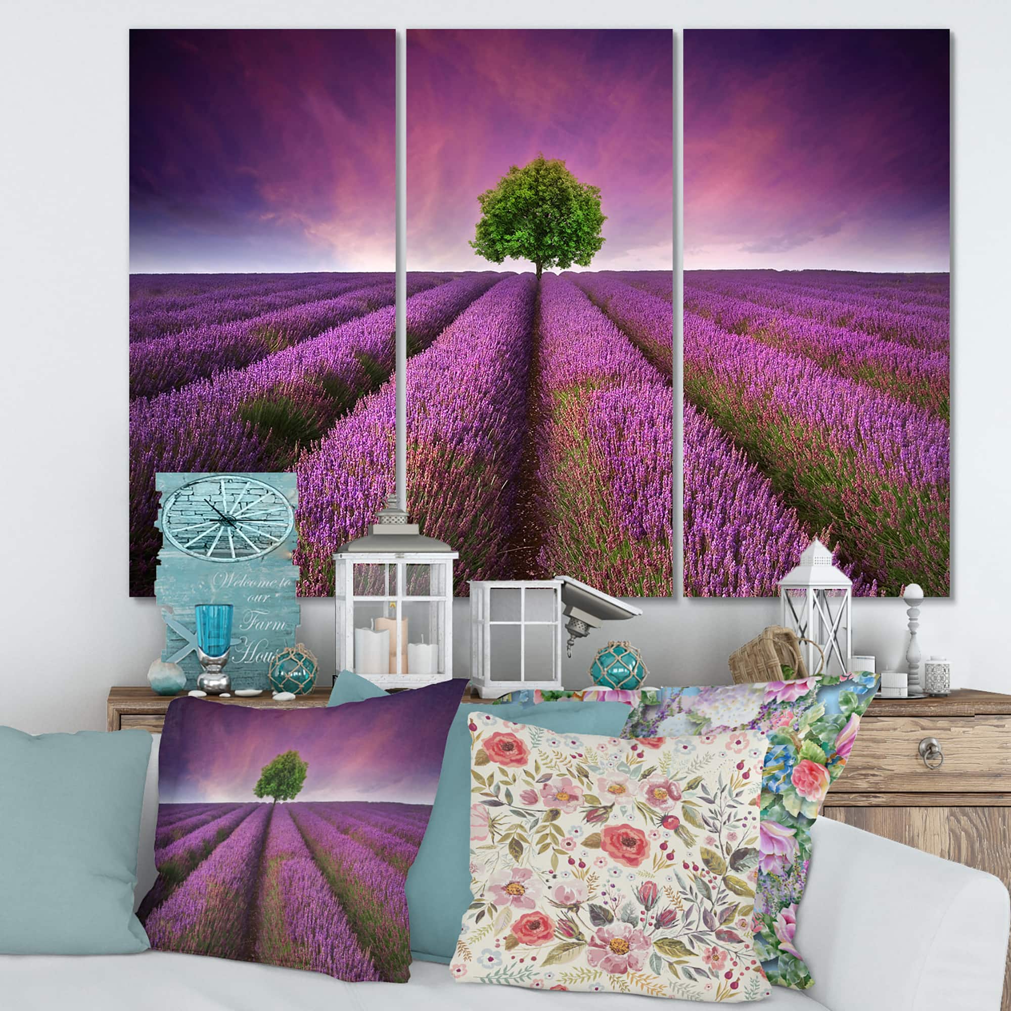 Designart - Stunning Lavender Field Summer Sunset With Tree