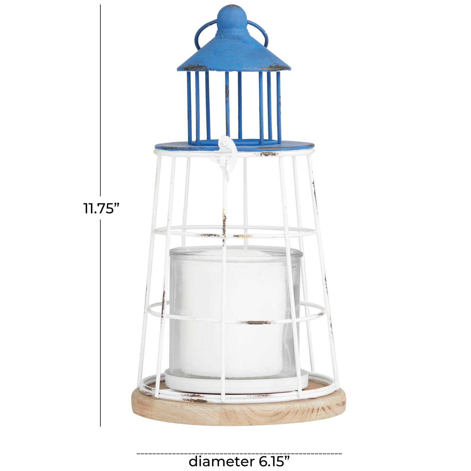 12" Blue Metal Distressed Decorative Light House Candle Lantern