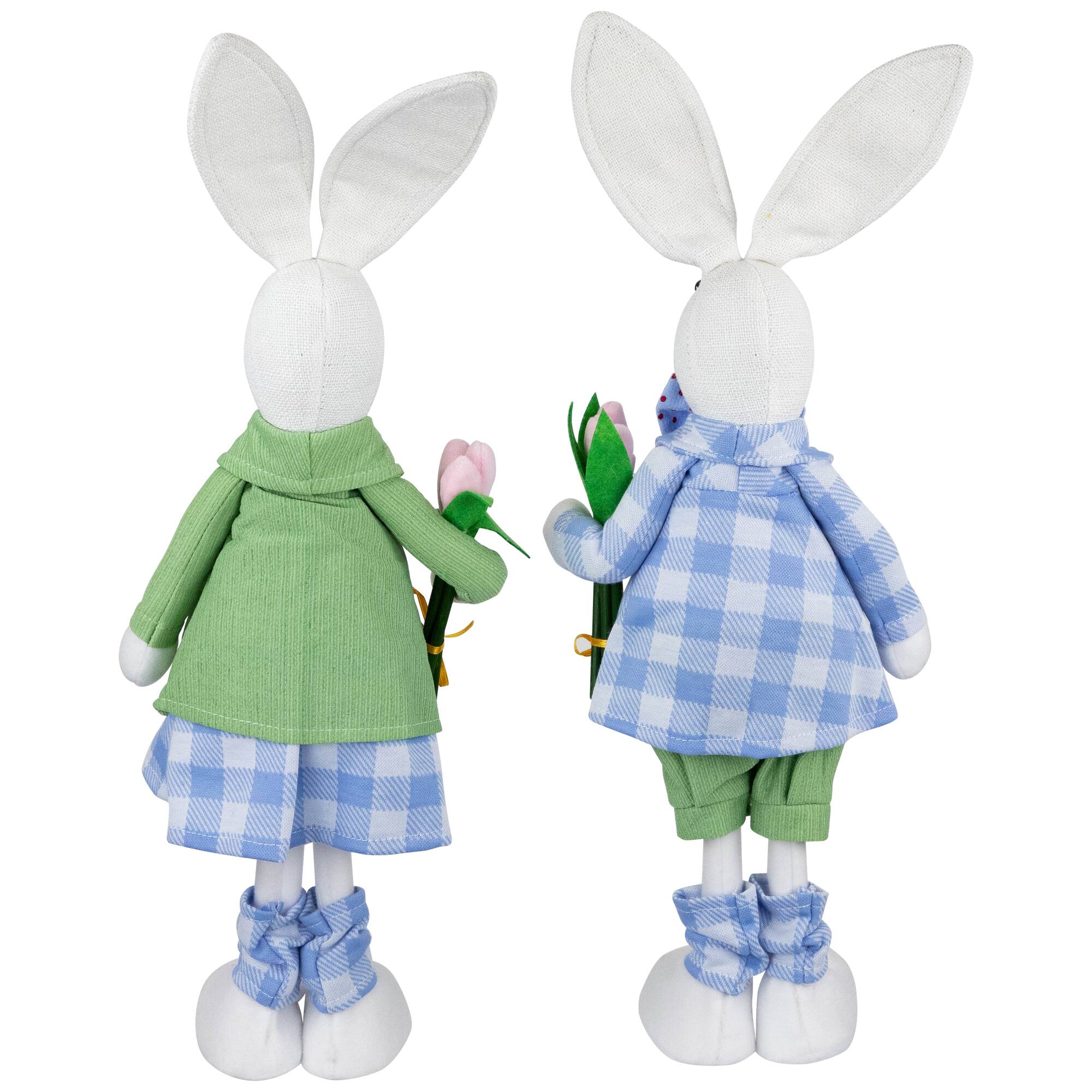 18.75" Bunny Couple in Matching Checkered Outfits Easter Figures Set