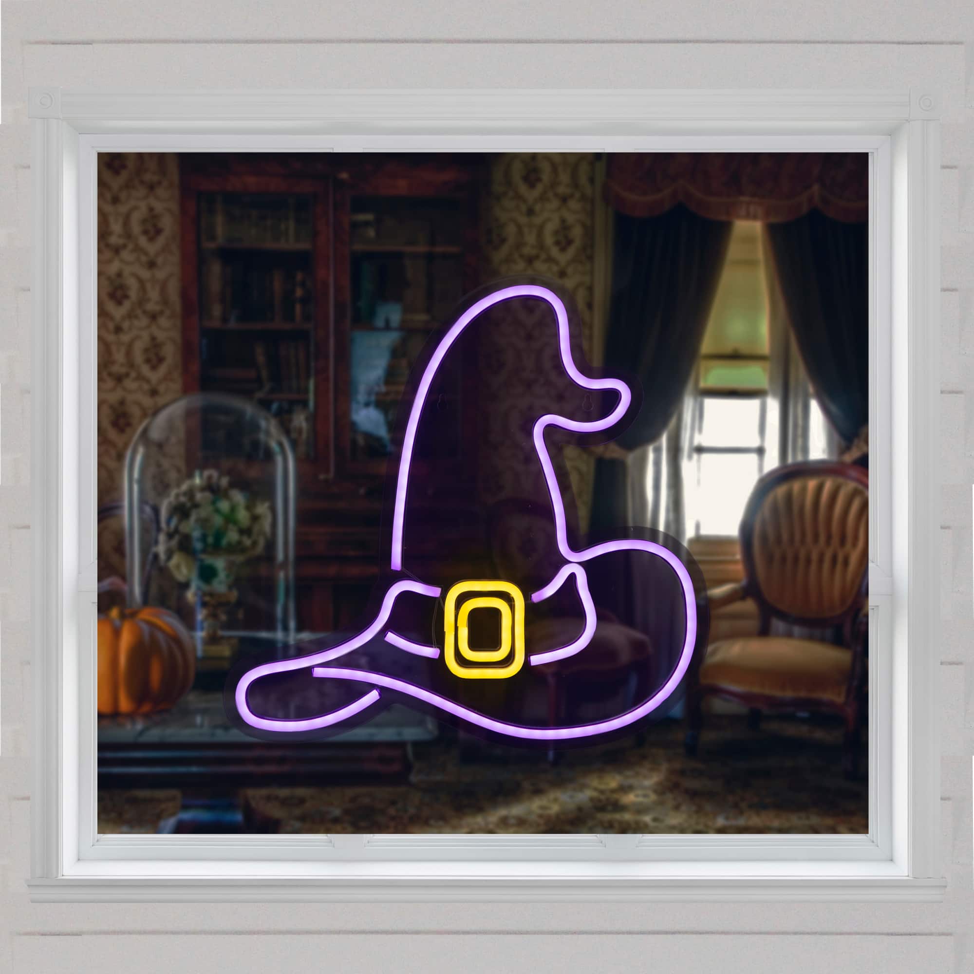 15" Purple LED Neon Style Witch Hat Halloween Window Silhouette