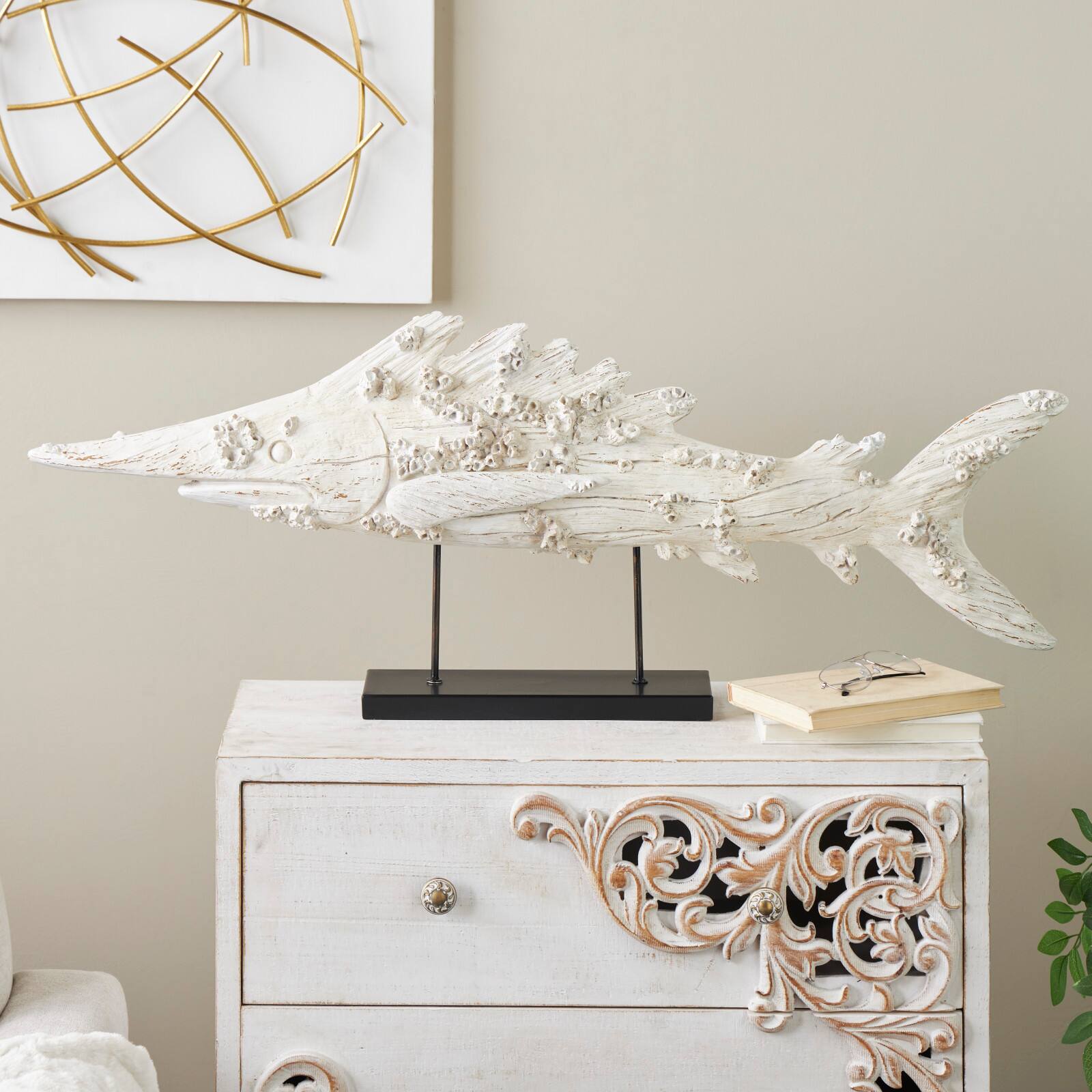 43.5" Cream Polystone Fish Textured Sculpture with Brown Distressing & Black Metal Stand