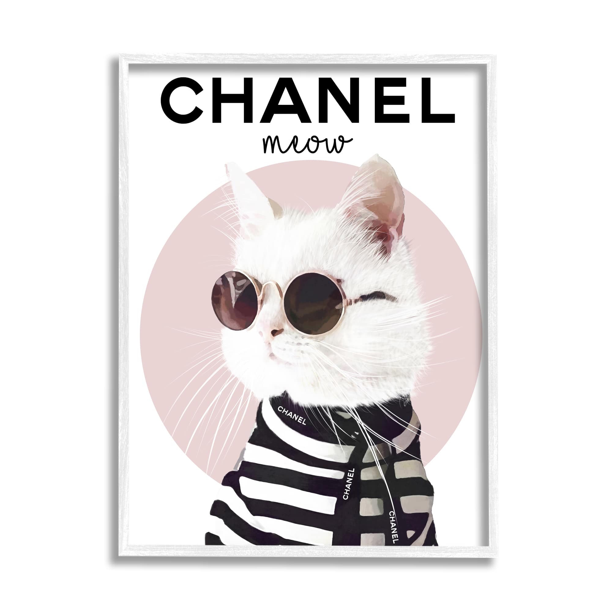 Stupell Industries Chic Kitty Cat Meow Glam Fashion Pink Circle in White Frame Wall Art