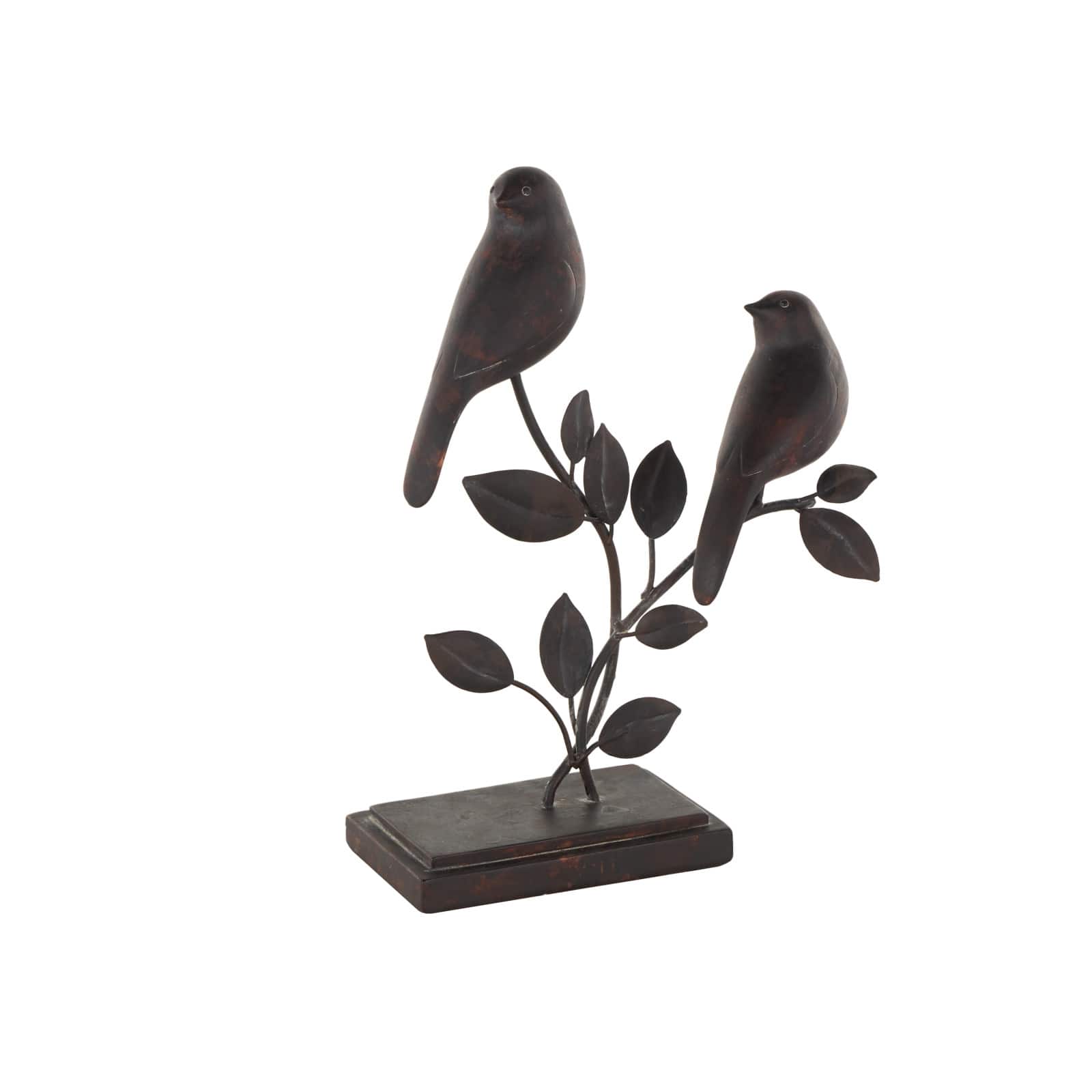 10" Black Polystone Bird Perching Decorative Sculpture with Leaf Vines and Copper Shading