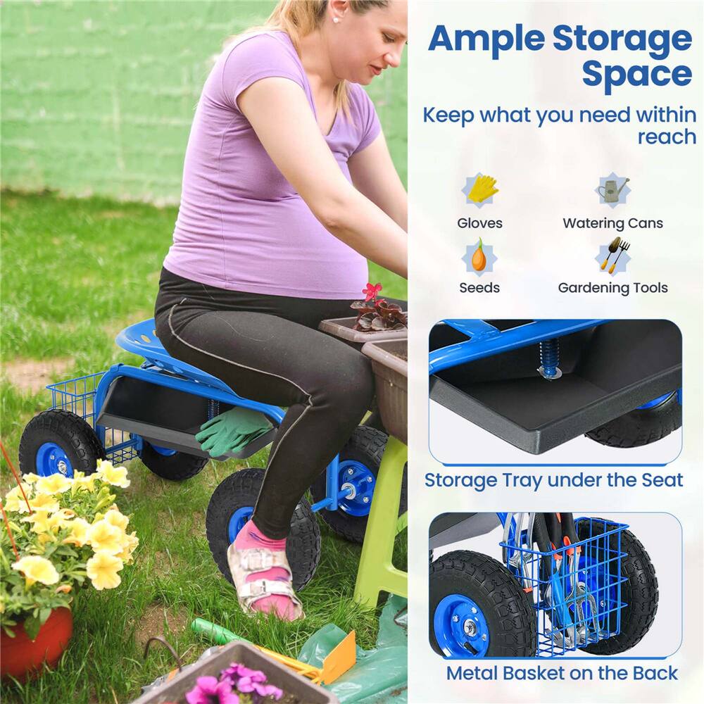 Costway Blue & Black Heavy Duty Garden Cart Rolling Work Seat Garden Planting with Tool Tray