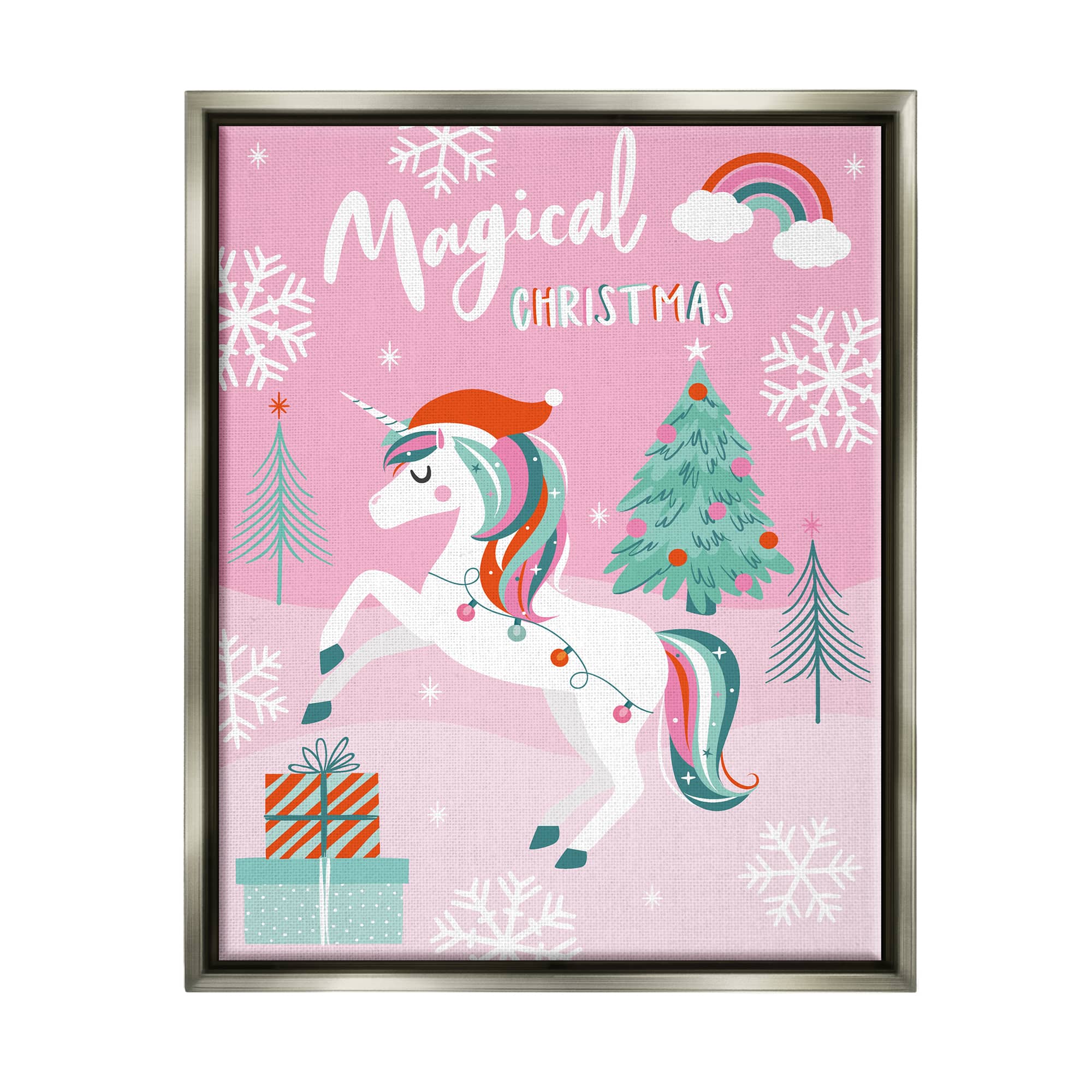 Stupell Industries Magical Christmas Pink Unicorn Framed Floater Canvas Wall Art