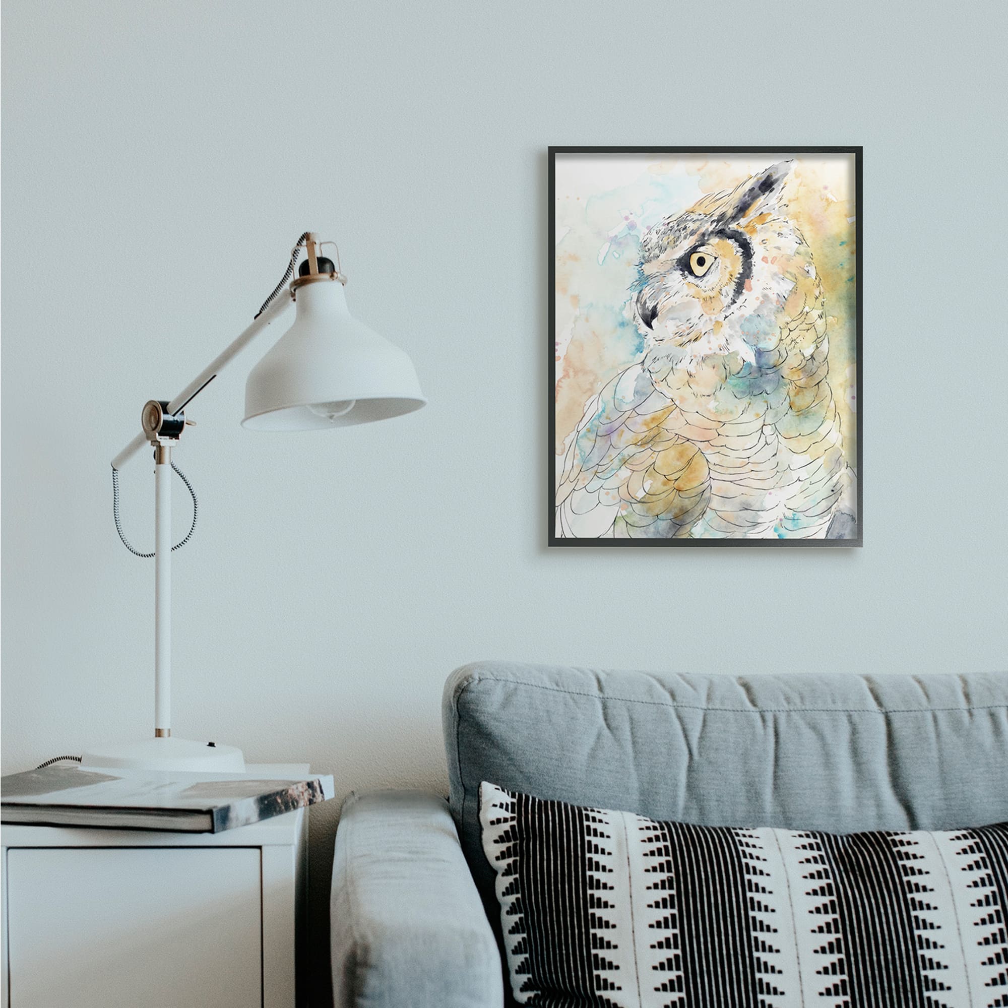 Stupell Industries Owl Side Eye Portrait Woodland Bird Watercolor in Black Frame Wall Art