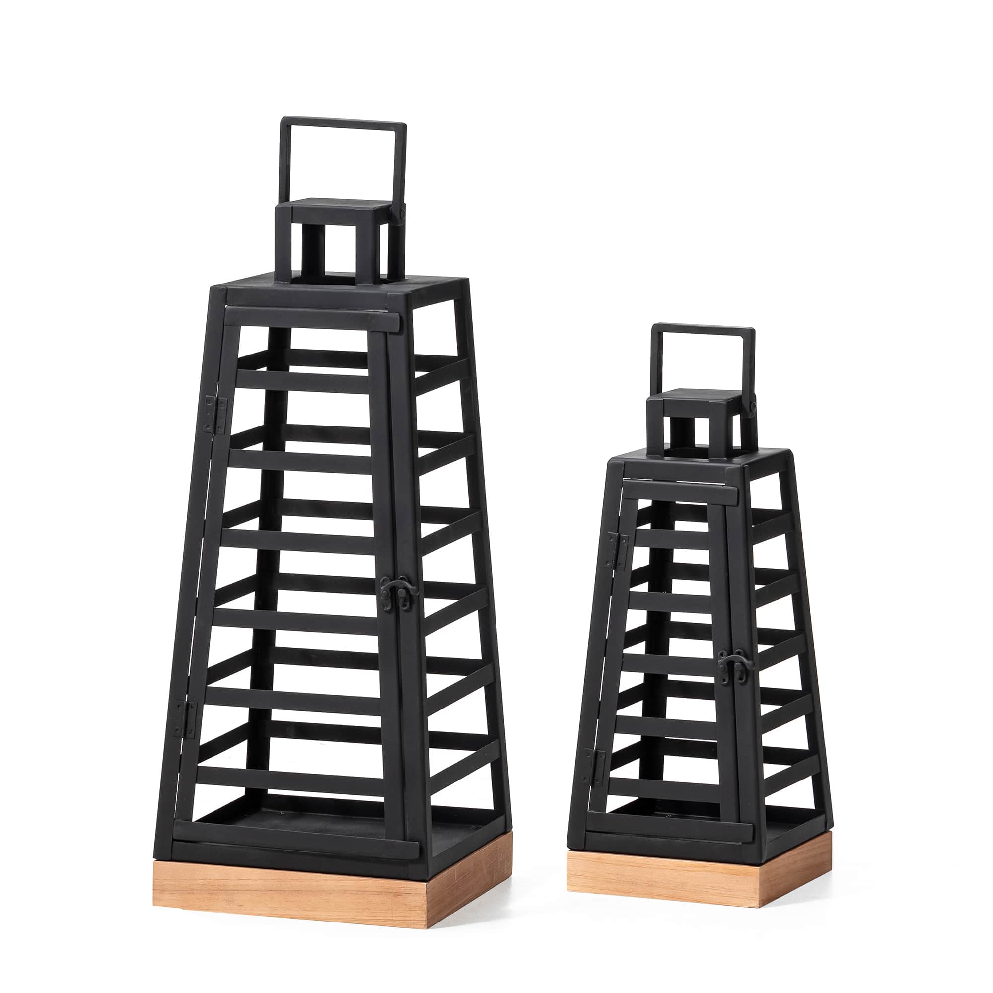 Glitzhome® Black Modern Trapezoid Metal & Wood Lanterns Set