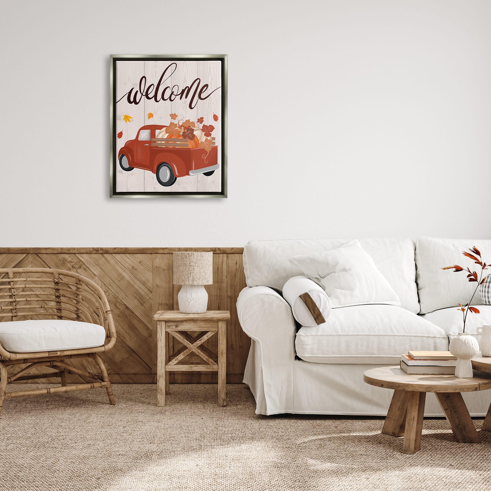 Stupell Industries Welcome Country Pumpkin Truck Framed Floater Canvas Wall Art