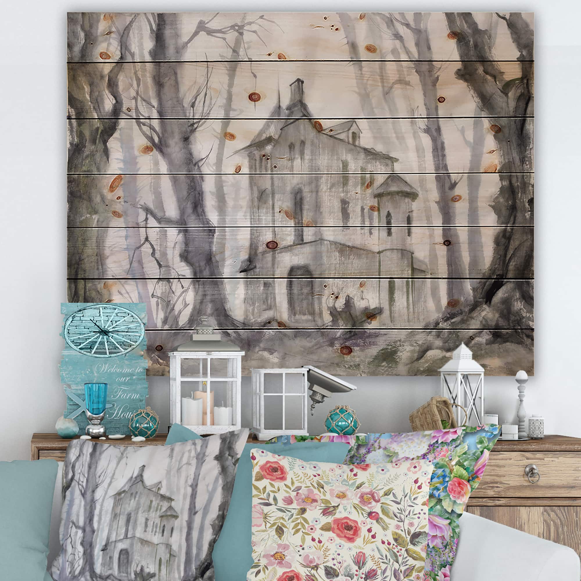 Designart - Haunted Castle In The Woods - Traditional Print on Natural Pine Wood