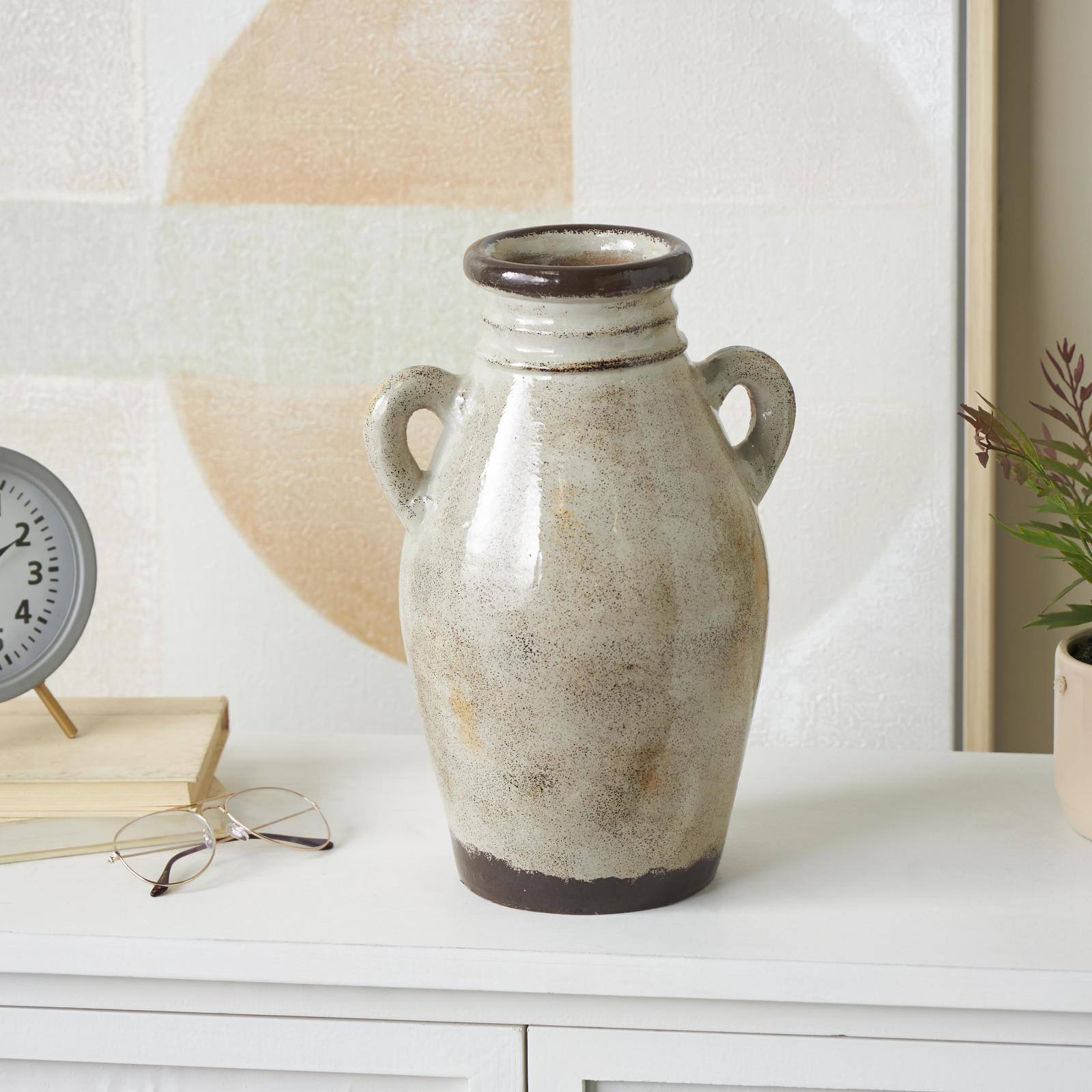 13.75" Cream Ceramic Antique Amphora Vase with Speckled Texturing