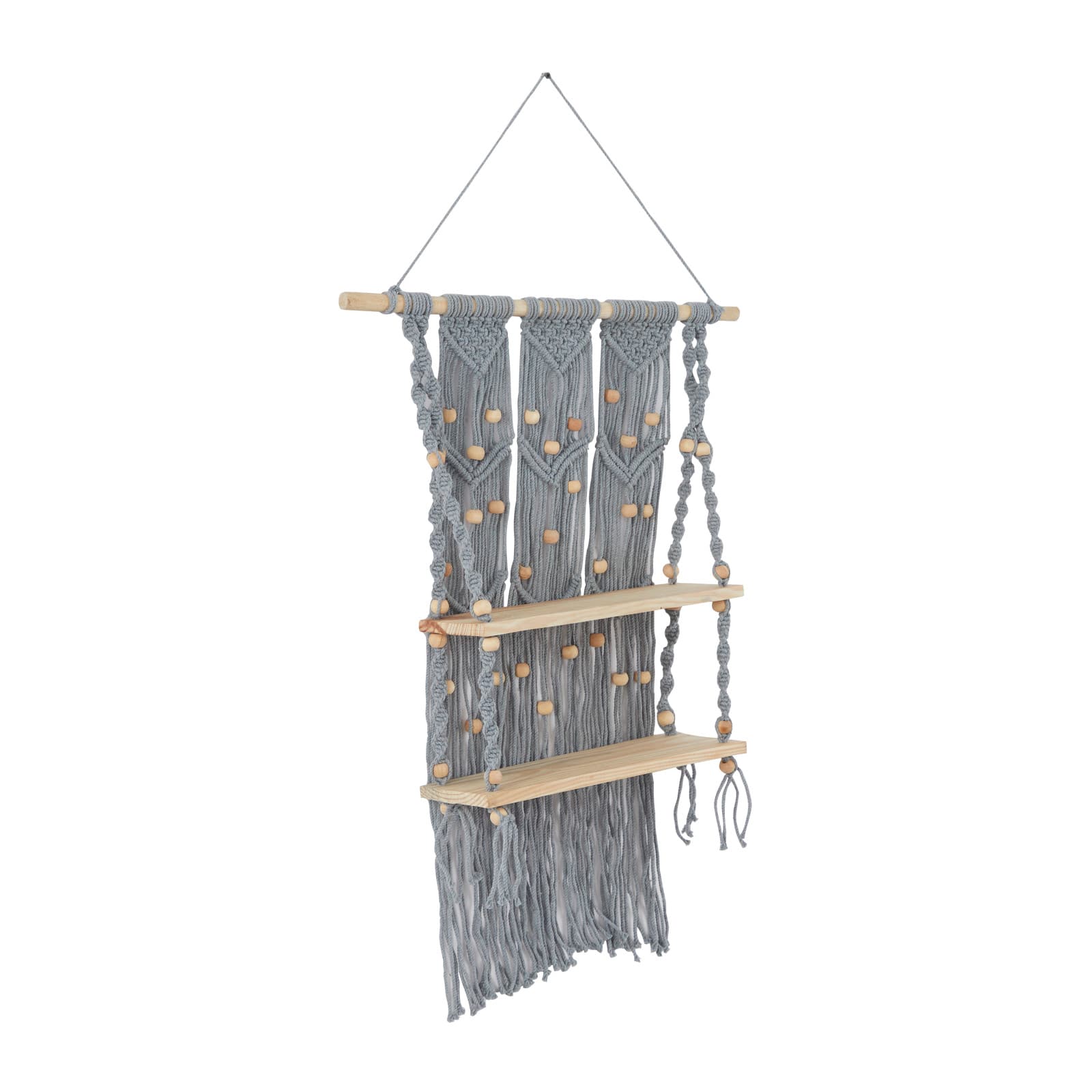 Gray Cotton Handmade 2 Shelves Macrame Wall Shelf 25" x 6" x 47"