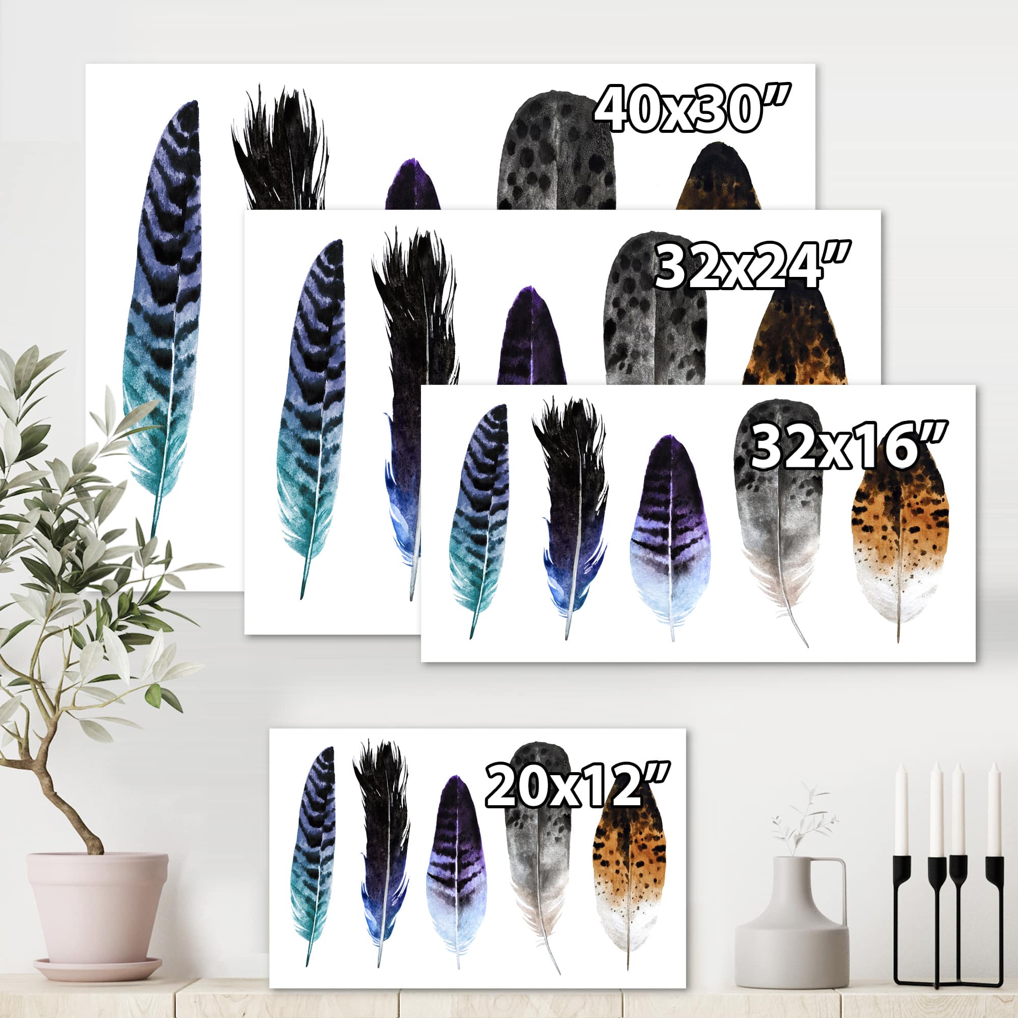 Designart - Colourful Boho Feathers II - Bohemian & Eclectic Canvas Wall Art Print