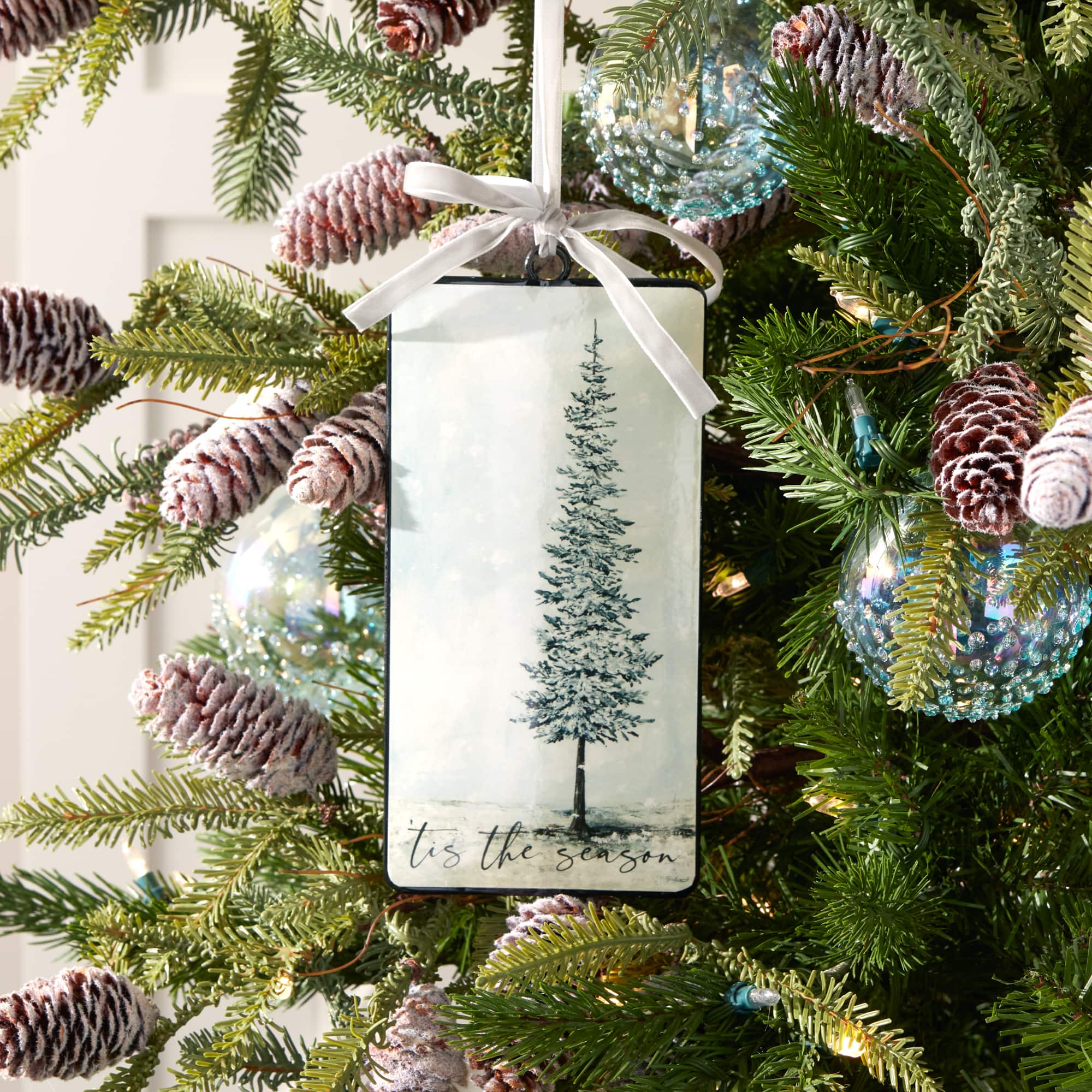 Blue & Green “Tis the Season” Pine Tree Christmas Ornaments, 12ct.