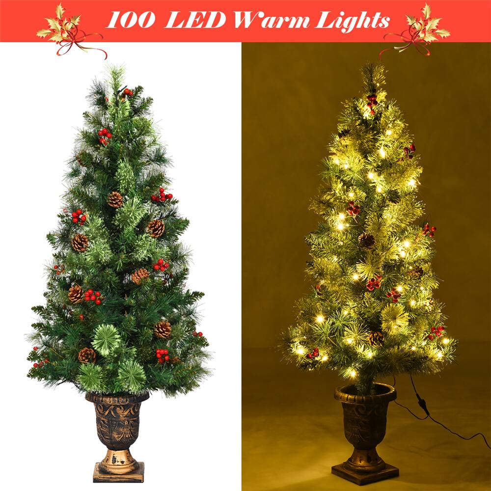 Costway 5ft Pre-Lit Entrance Fir Artificial Christmas Tree in Gold Urn Planter, Warm White LED Lights