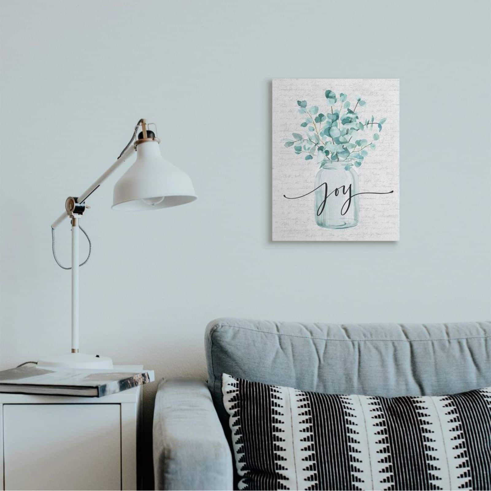 Stupell Industries Aqua Blue Plant Leaves In Joy Jar Canvas Wall Art